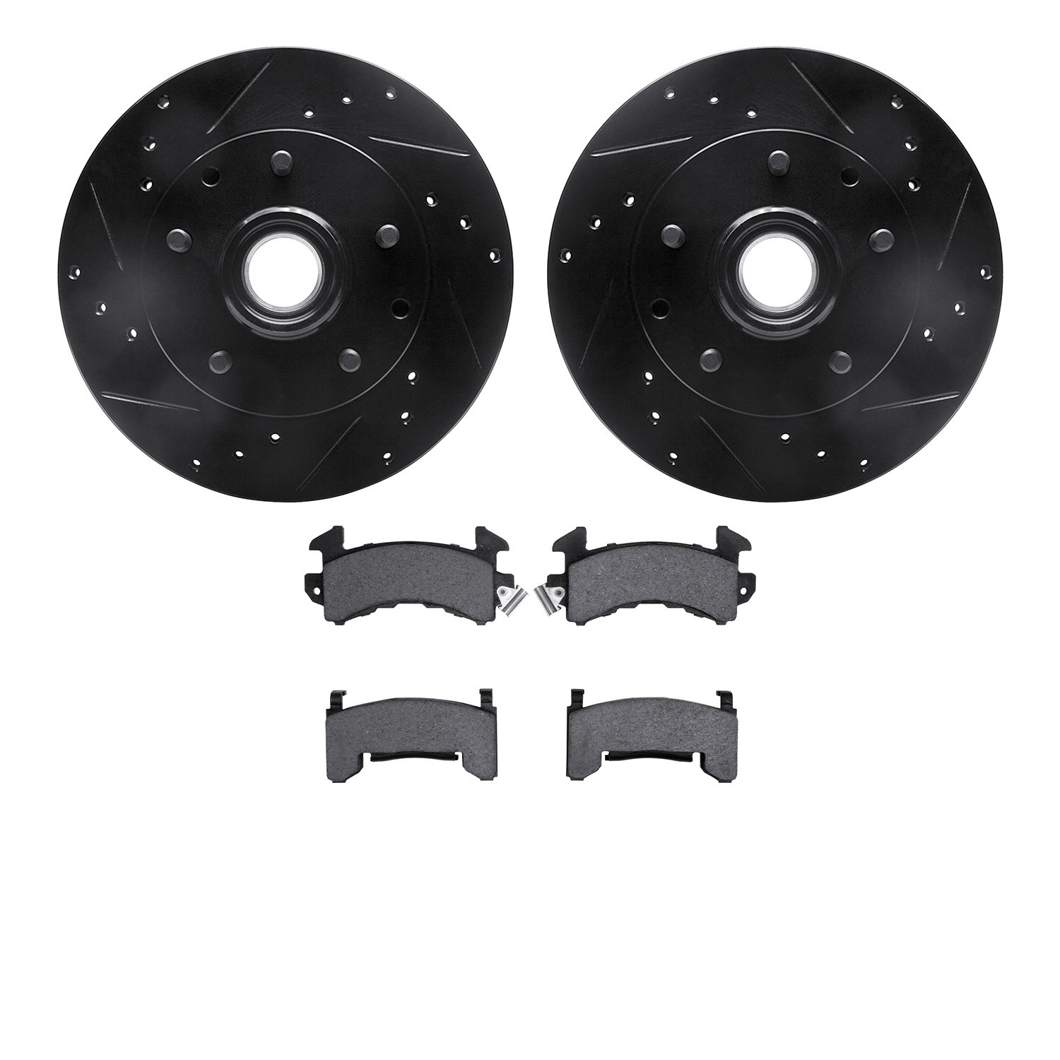 8402-48010 Drilled/Slotted Brake Rotors with Ultimate-Duty Brake Pads Kit [Black], 1991-2003 GM, Position: Front