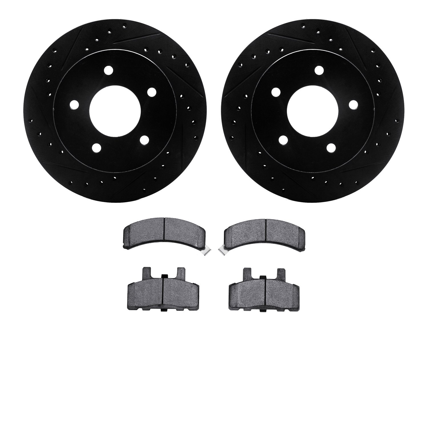 8402-48011 Drilled/Slotted Brake Rotors with Ultimate-Duty Brake Pads Kit [Black], 1990-2002 GM, Position: Front