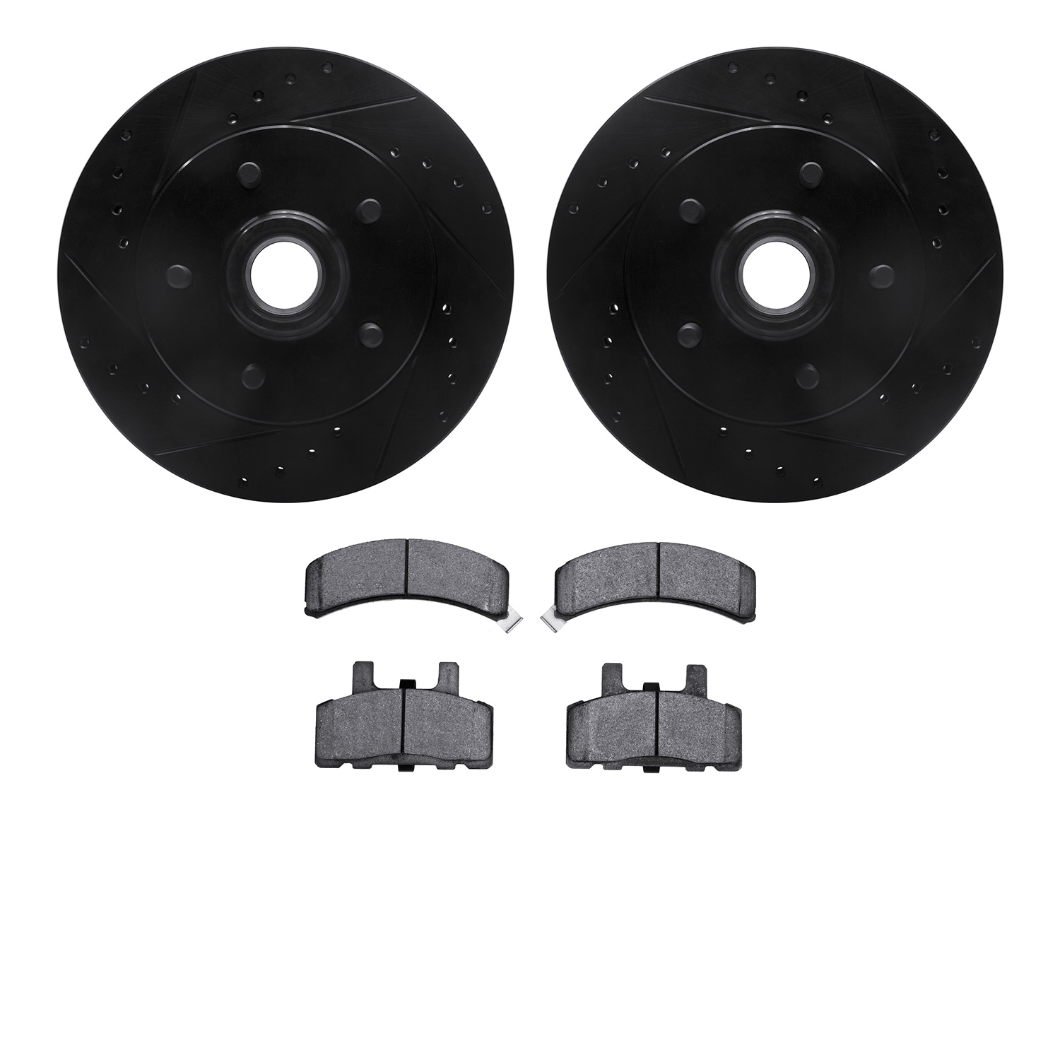 8402-48012 Drilled/Slotted Brake Rotors with Ultimate-Duty Brake Pads Kit [Black], 1992-2002 GM, Position: Front