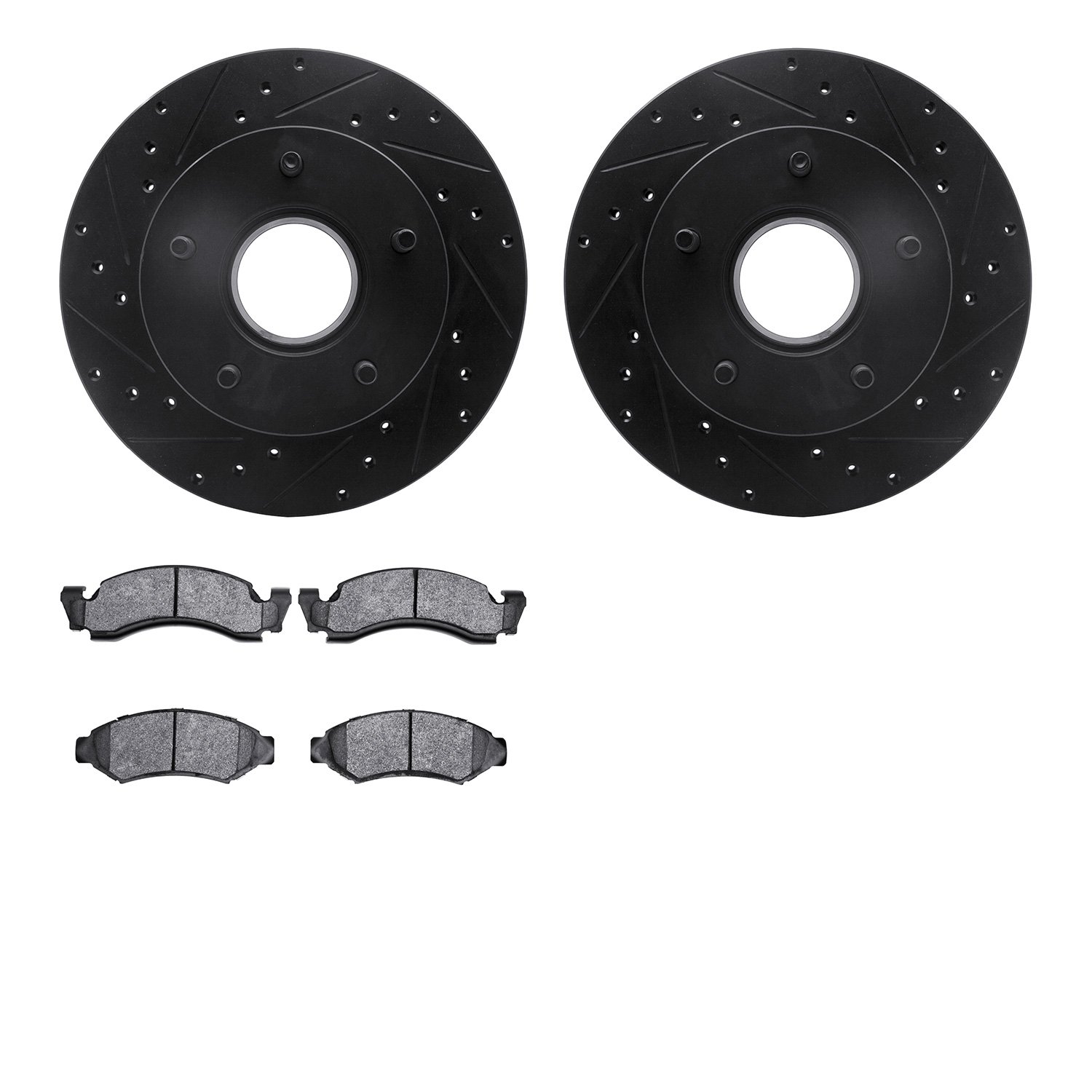 8402-54014 Drilled/Slotted Brake Rotors with Ultimate-Duty Brake Pads Kit [Black], 1986-1988 Ford/Lincoln/Mercury/Mazda, Positio