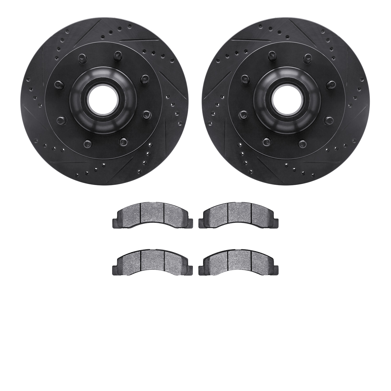 8402-54049 Drilled/Slotted Brake Rotors with Ultimate-Duty Brake Pads Kit [Black], 1999-2002 Ford/Lincoln/Mercury/Mazda, Positio