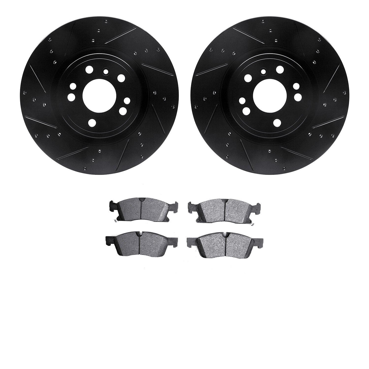 8402-63002 Drilled/Slotted Brake Rotors with Ultimate-Duty Brake Pads Kit [Black], 2012-2018 Mercedes-Benz, Position: Front