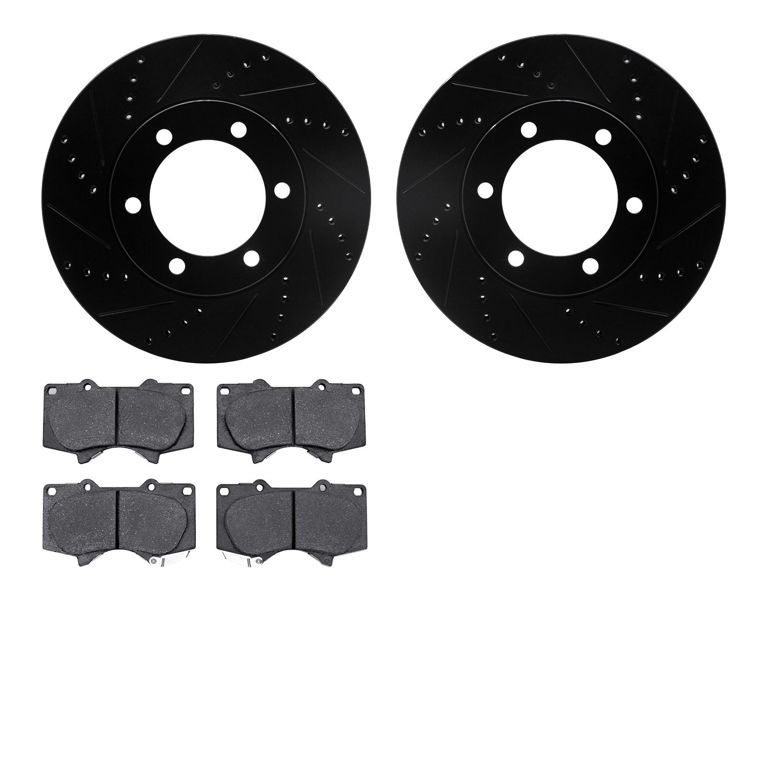 8402-76015 Drilled/Slotted Brake Rotors with Ultimate-Duty Brake Pads Kit [Black], 2000-2007 Lexus/Toyota/Scion, Position: Front