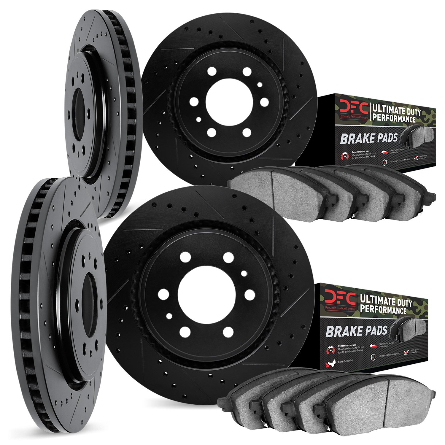8404-40009 Drilled/Slotted Brake Rotors with Ultimate-Duty Brake Pads Kit [Black], Fits Select Mopar, Position: Front and Rear
