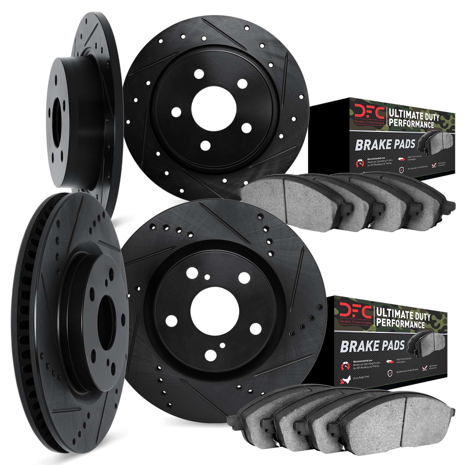 8404-42003 Drilled/Slotted Brake Rotors with Ultimate-Duty Brake Pads Kit [Black], Fits Select Mopar, Position: Front and Rear