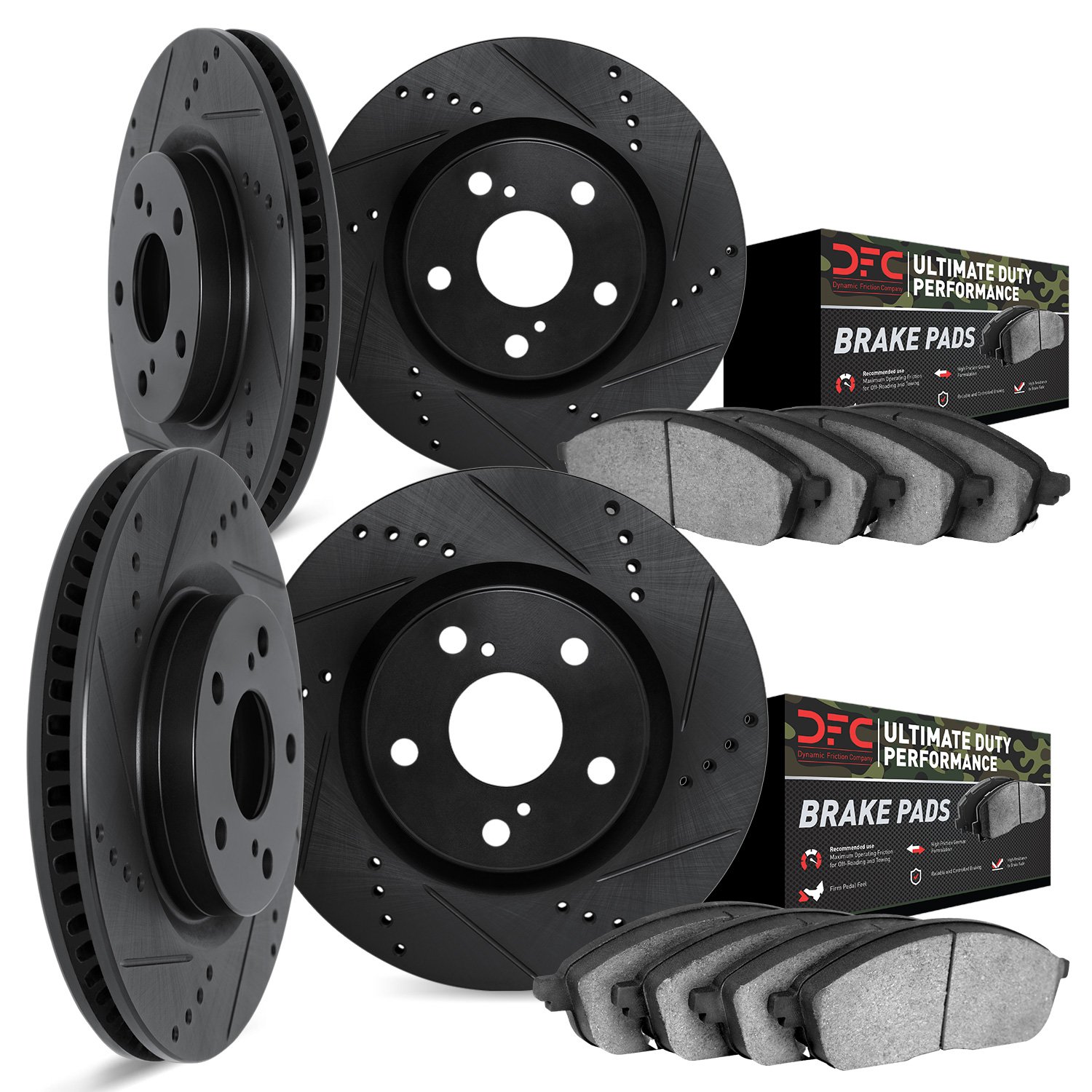 8404-42005 Drilled/Slotted Brake Rotors with Ultimate-Duty Brake Pads Kit [Black], Fits Select Mopar, Position: Front and Rear