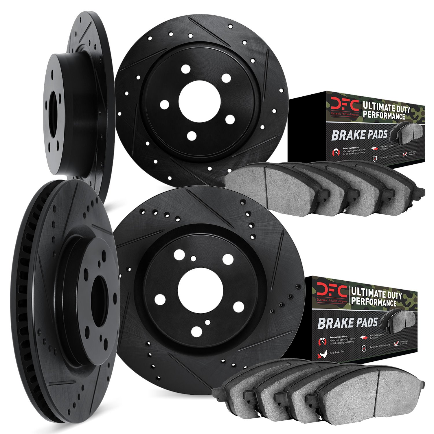 8404-42007 Drilled/Slotted Brake Rotors with Ultimate-Duty Brake Pads Kit [Black], Fits Select Mopar, Position: Front and Rear