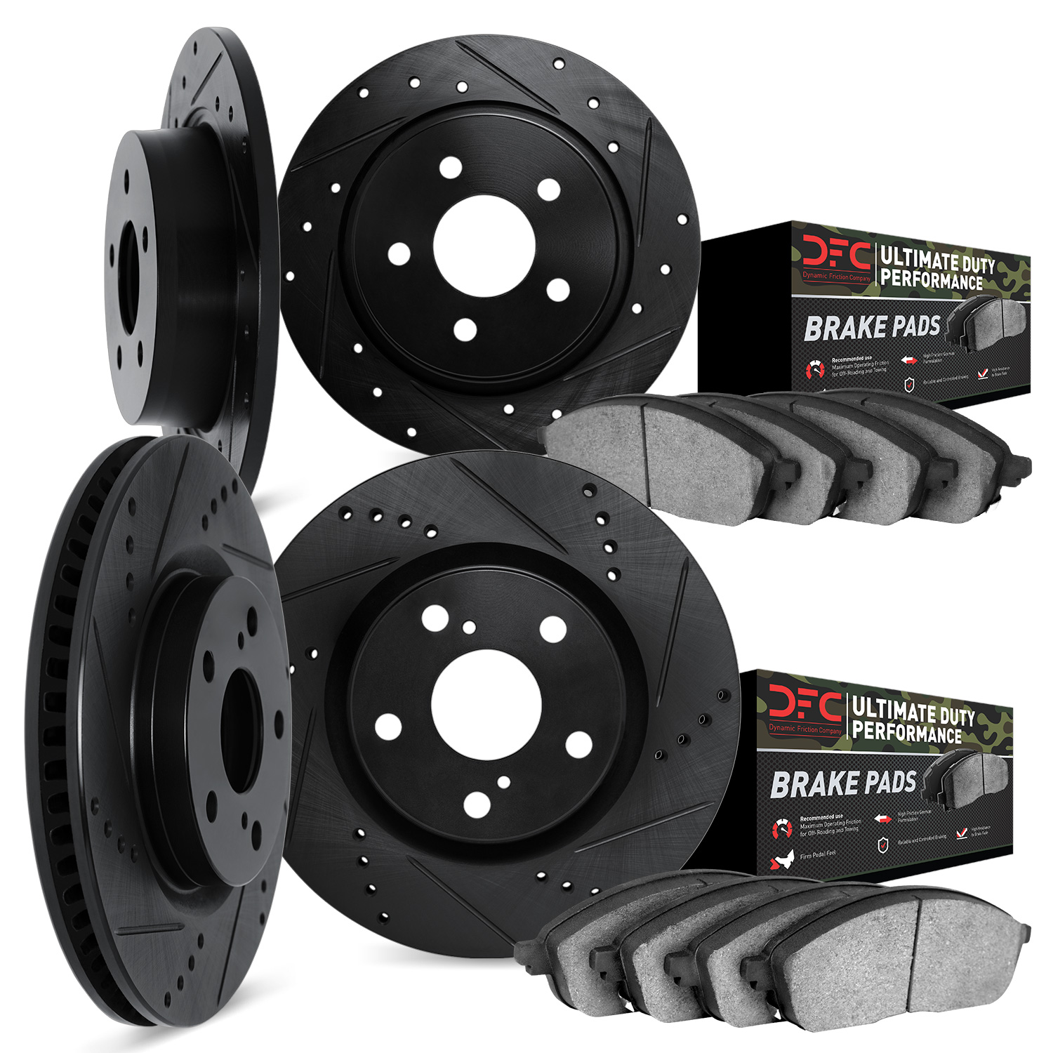 8404-42016 Drilled/Slotted Brake Rotors with Ultimate-Duty Brake Pads Kit [Black], 2007-2018 Mopar, Position: Front and Rear