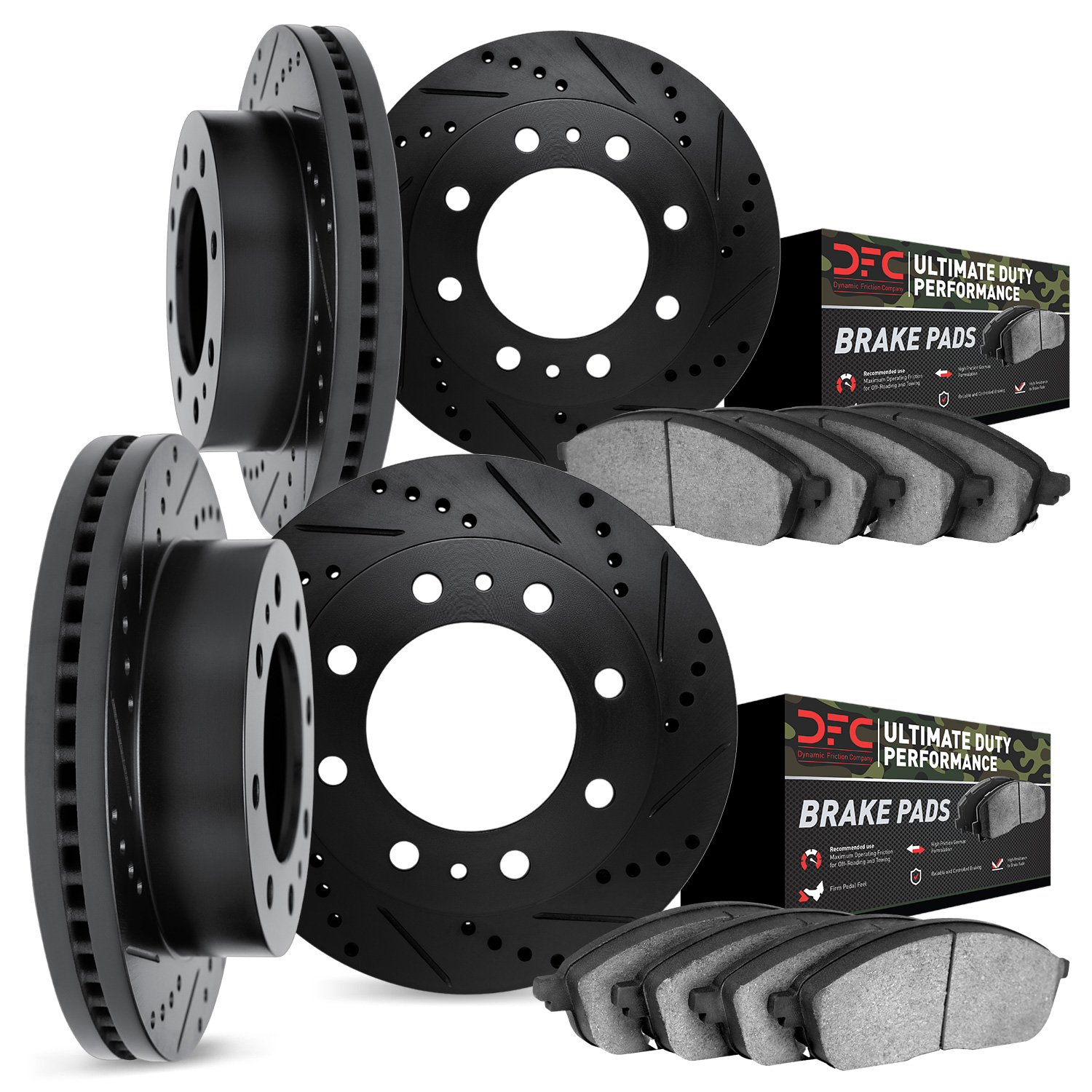 8404-46001 Drilled/Slotted Brake Rotors with Ultimate-Duty Brake Pads Kit [Black], 2006-2011 GM, Position: Front and Rear