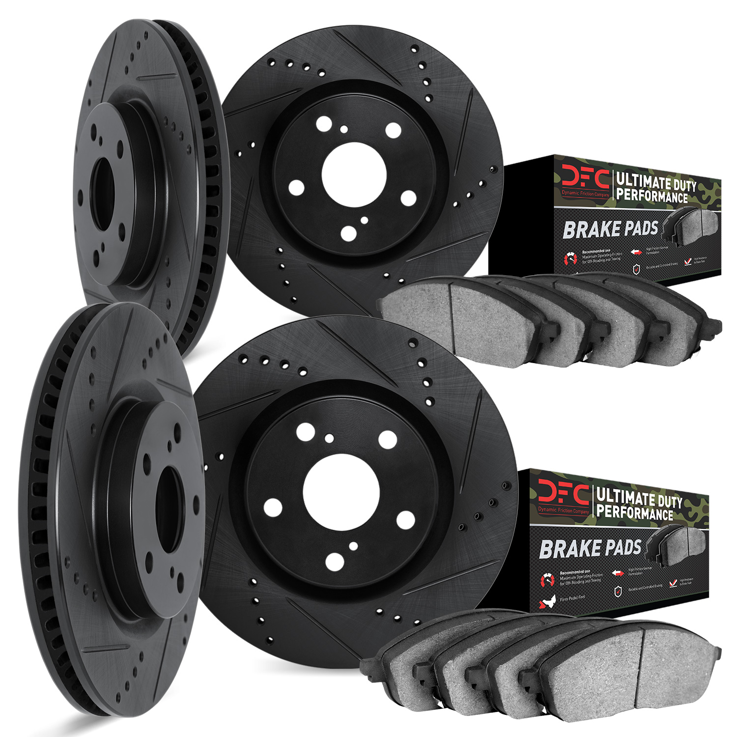 8404-48001 Drilled/Slotted Brake Rotors with Ultimate-Duty Brake Pads Kit [Black], 1997-2005 GM, Position: Front and Rear