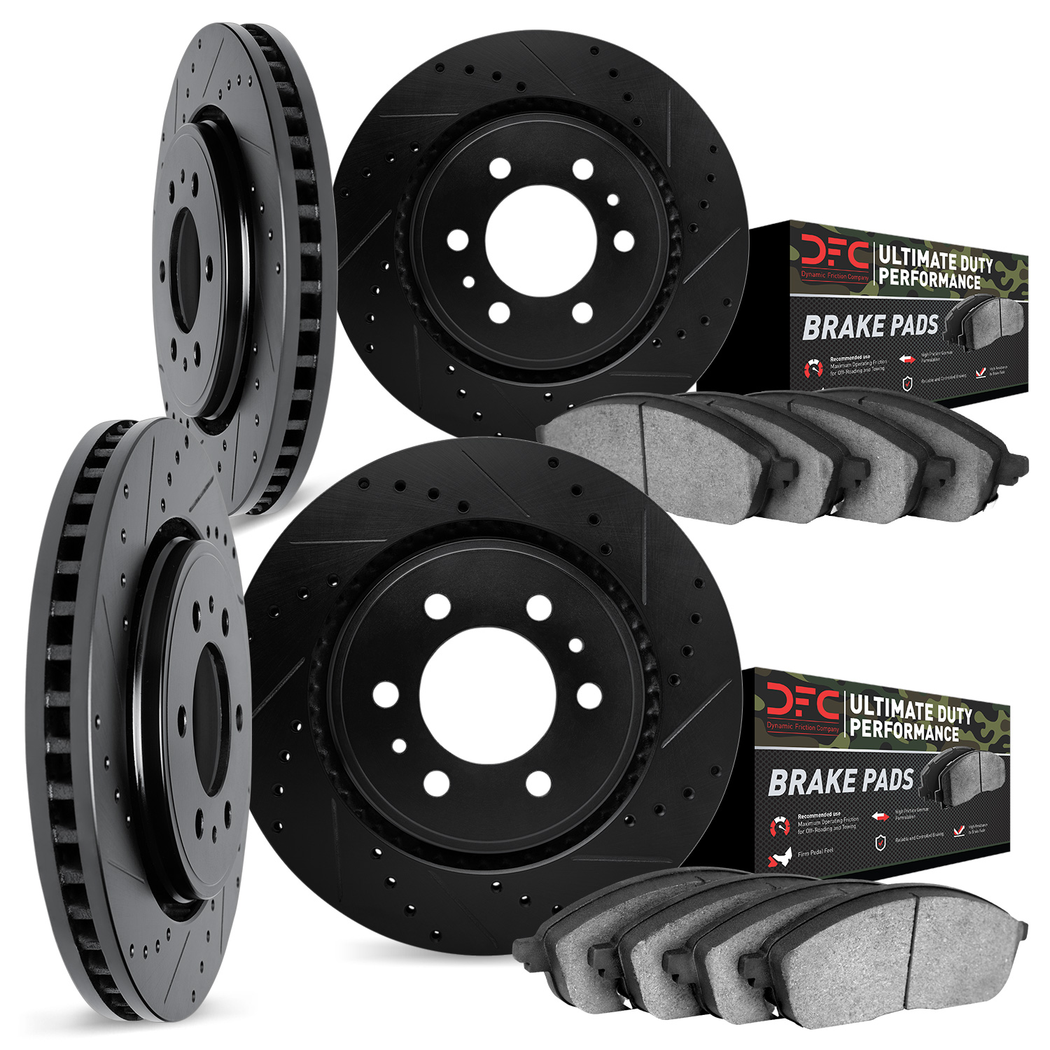 8404-48003 Drilled/Slotted Brake Rotors with Ultimate-Duty Brake Pads Kit [Black], 1999-2007 GM, Position: Front and Rear