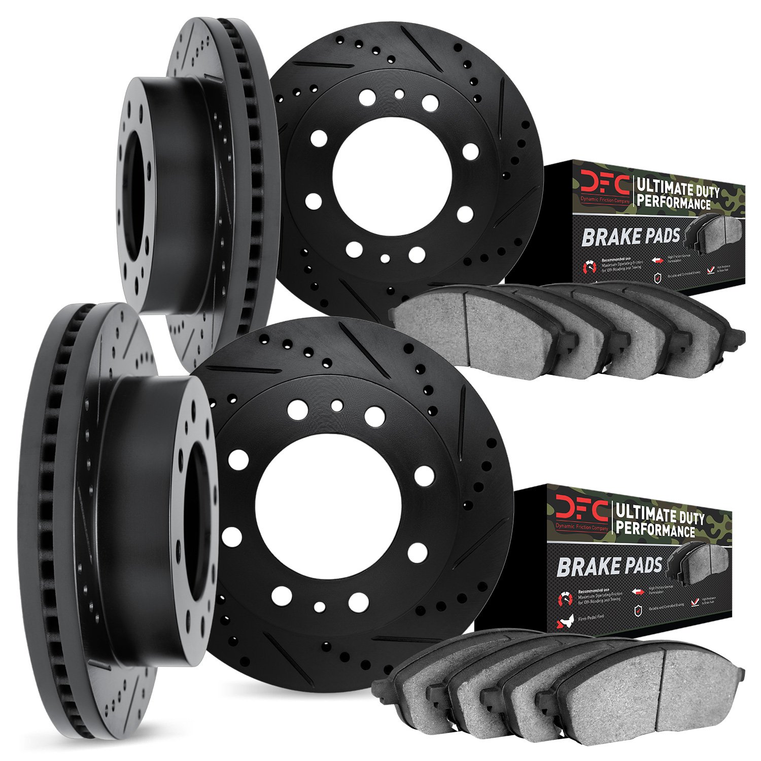 8404-48009 Drilled/Slotted Brake Rotors with Ultimate-Duty Brake Pads Kit [Black], 2005-2005 GM, Position: Front and Rear