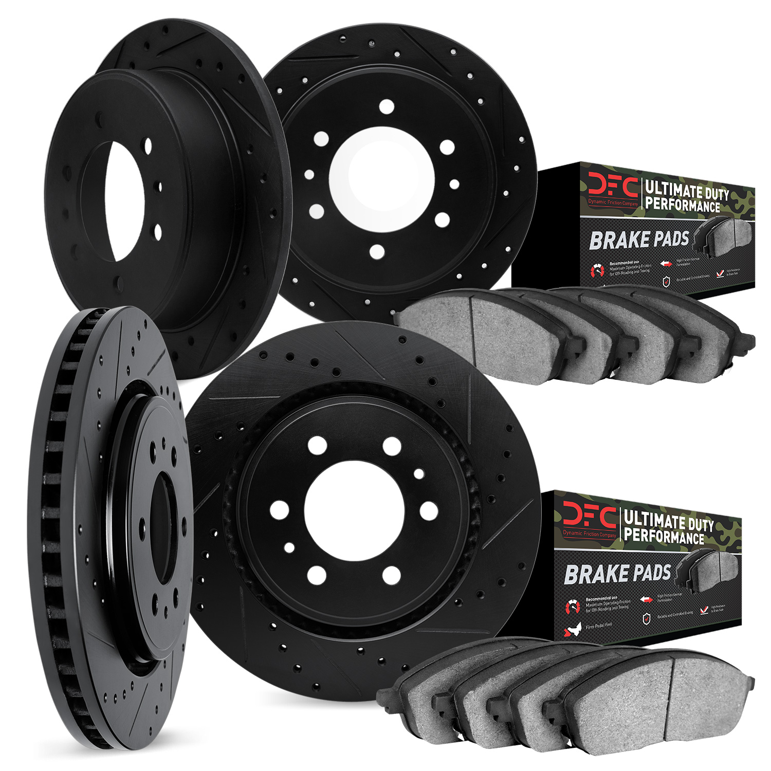 8404-67001 Drilled/Slotted Brake Rotors with Ultimate-Duty Brake Pads Kit [Black], 2004-2005 Infiniti/Nissan, Position: Front an