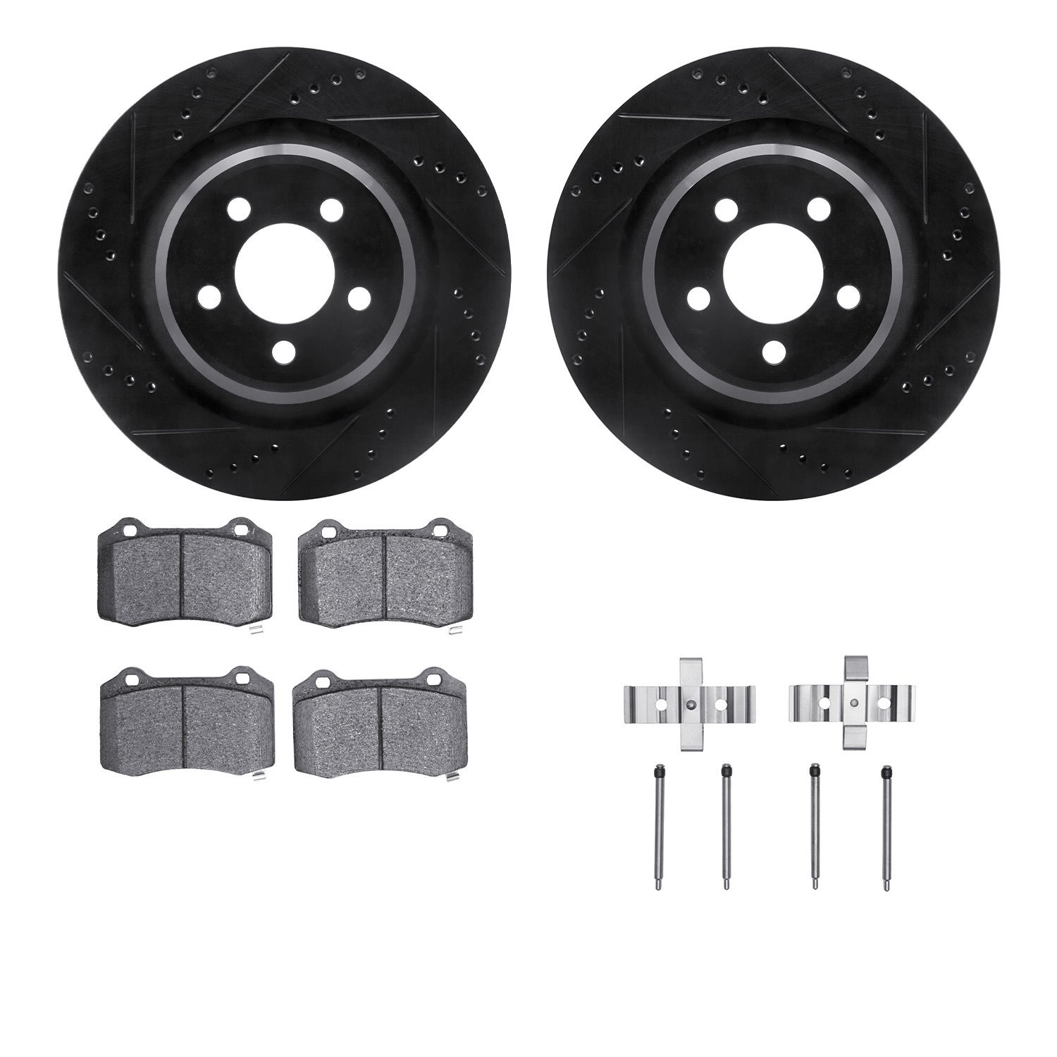 8412-39002 Drilled/Slotted Brake Rotors with Ultimate-Duty Brake Pads Kit & Hardware [Black], Fits Select Mopar, Position: Rear