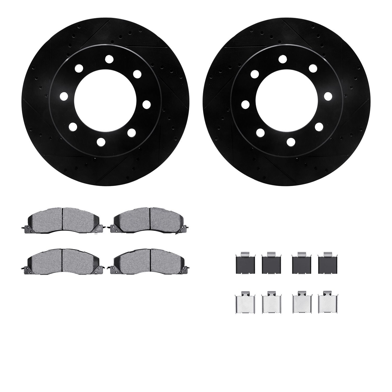 8412-40021 Drilled/Slotted Brake Rotors with Ultimate-Duty Brake Pads Kit & Hardware [Black], 2009-2018 Mopar, Position: Front