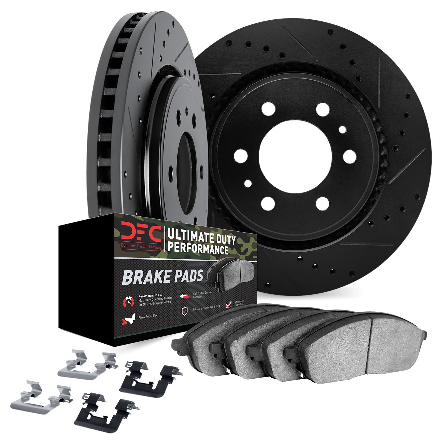 8412-40025 Drilled/Slotted Brake Rotors with Ultimate-Duty Brake Pads Kit & Hardware [Black], Fits Select Mopar, Position: Front
