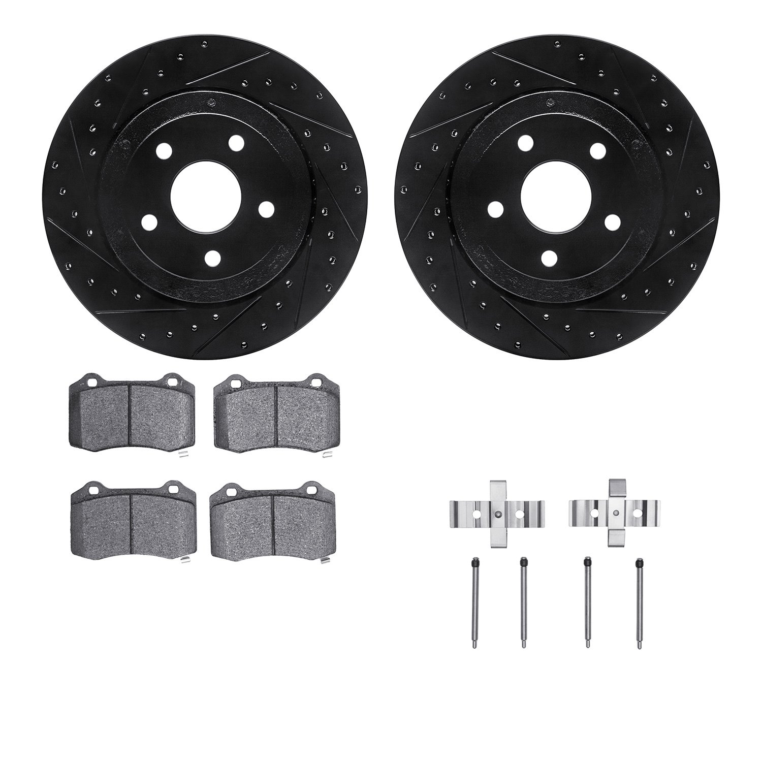 8412-42004 Drilled/Slotted Brake Rotors with Ultimate-Duty Brake Pads Kit & Hardware [Black], 2006-2010 Mopar, Position: Rear