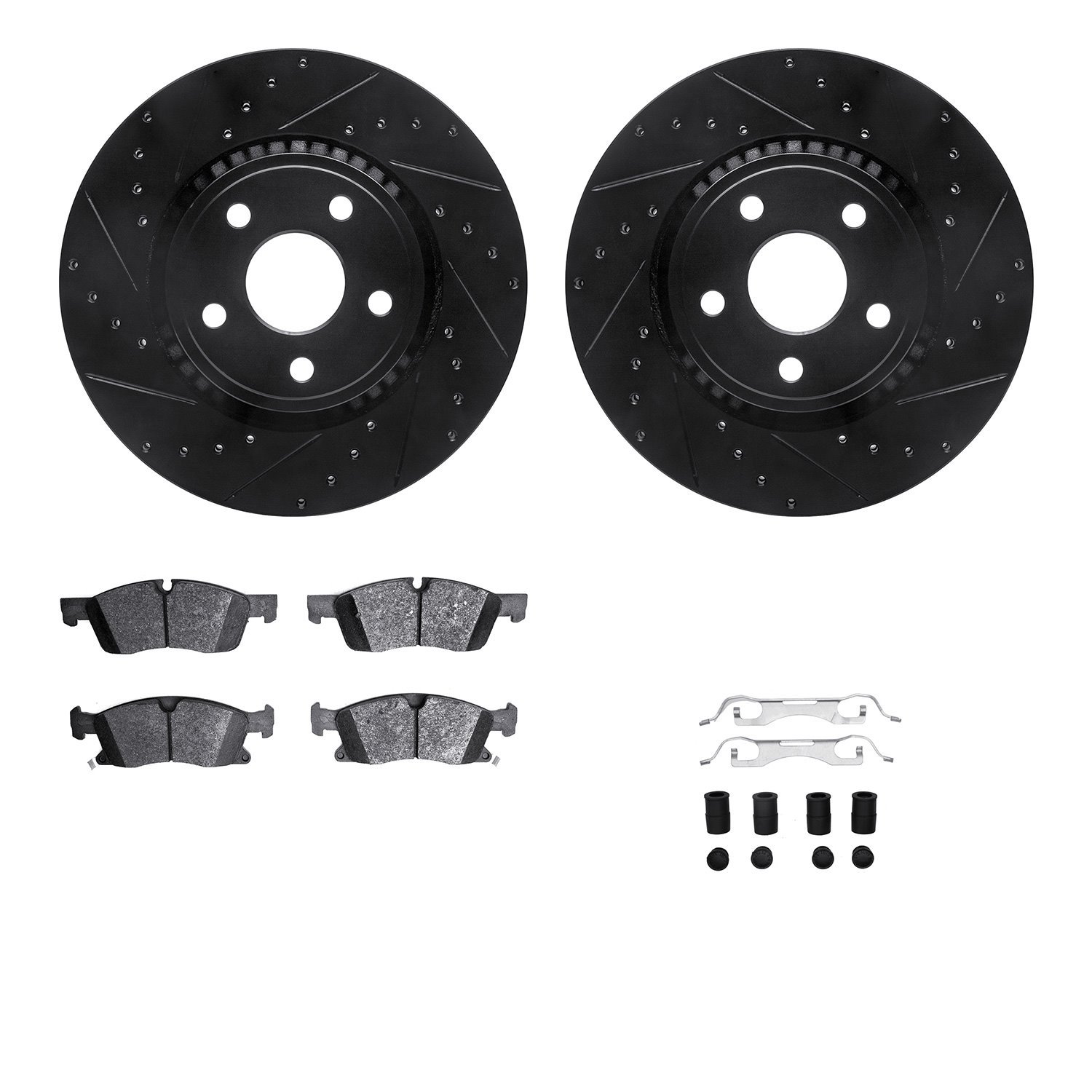 8412-42008 Drilled/Slotted Brake Rotors with Ultimate-Duty Brake Pads Kit & Hardware [Black], Fits Select Mopar, Position: Front