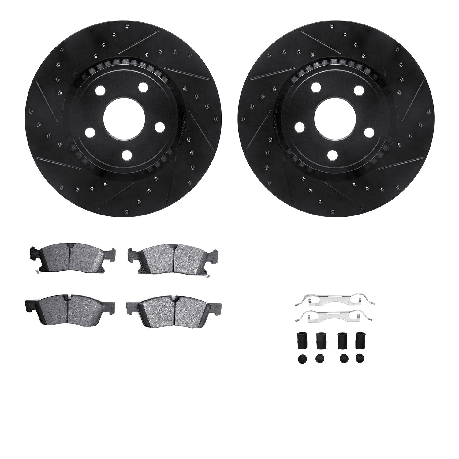 8412-42009 Drilled/Slotted Brake Rotors with Ultimate-Duty Brake Pads Kit & Hardware [Black], Fits Select Mopar, Position: Front