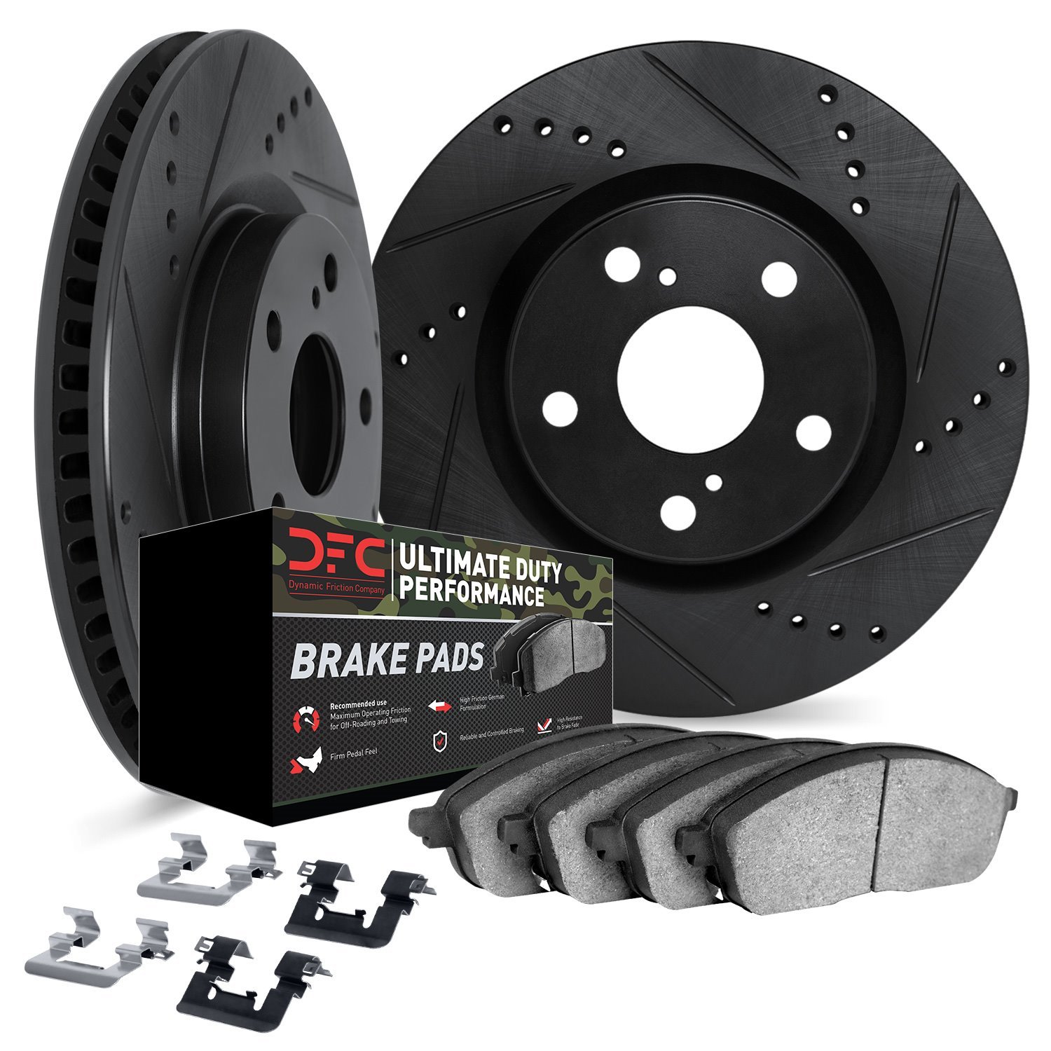 8412-42011 Drilled/Slotted Brake Rotors with Ultimate-Duty Brake Pads Kit & Hardware [Black], 2018-2021 Mopar, Position: Rear
