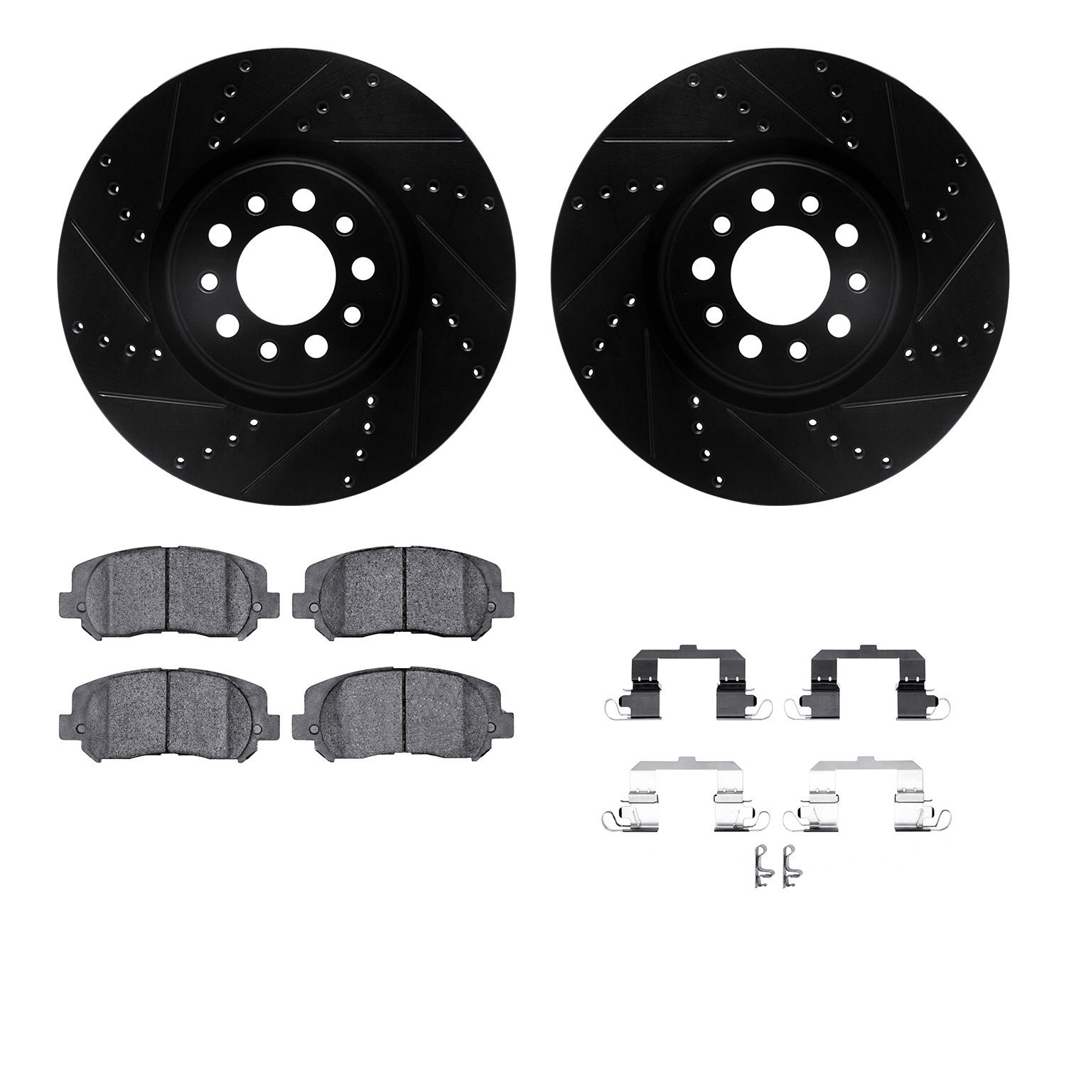 8412-42015 Drilled/Slotted Brake Rotors with Ultimate-Duty Brake Pads Kit & Hardware [Black], Fits Select Mopar, Position: Front