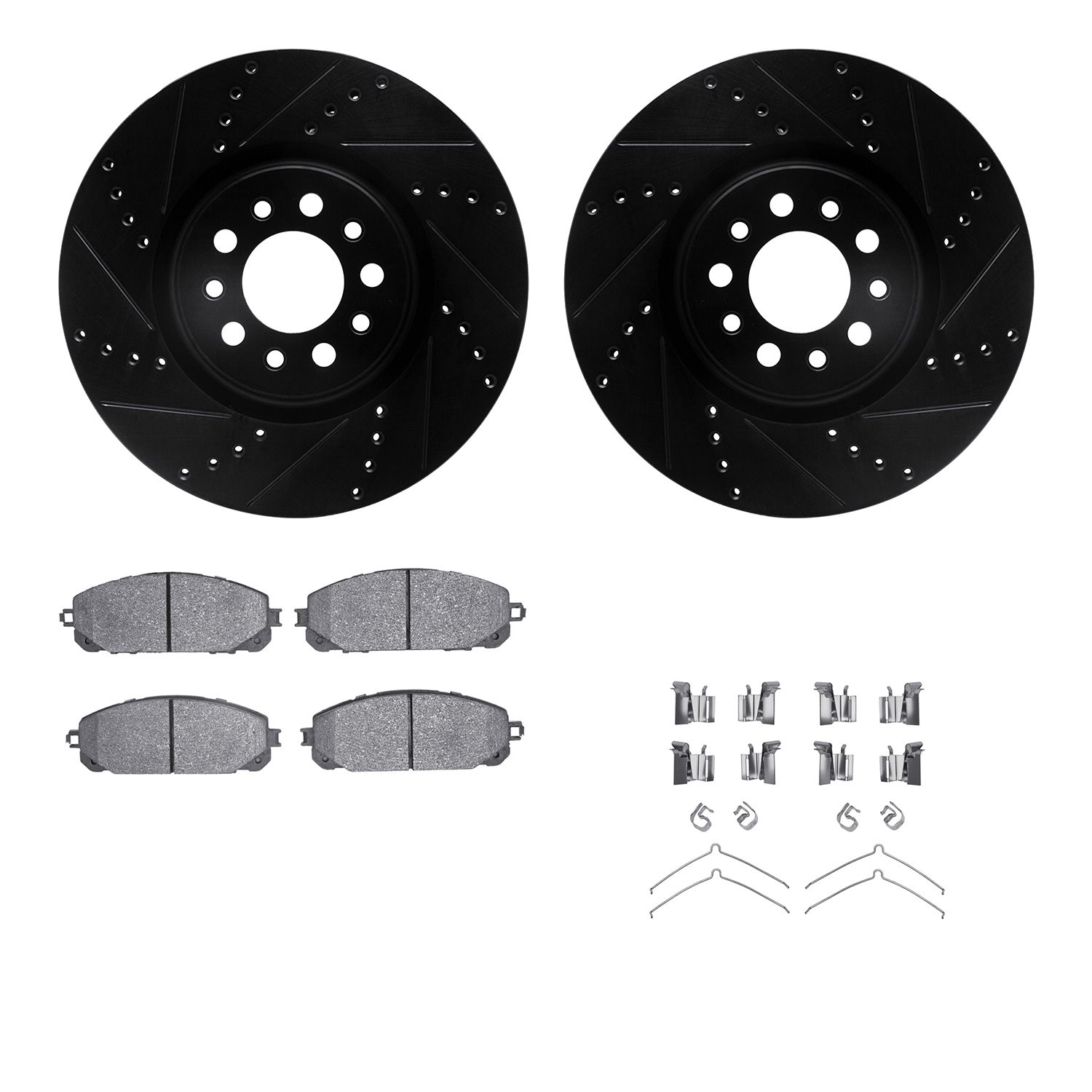 8412-42016 Drilled/Slotted Brake Rotors with Ultimate-Duty Brake Pads Kit & Hardware [Black], Fits Select Mopar, Position: Front