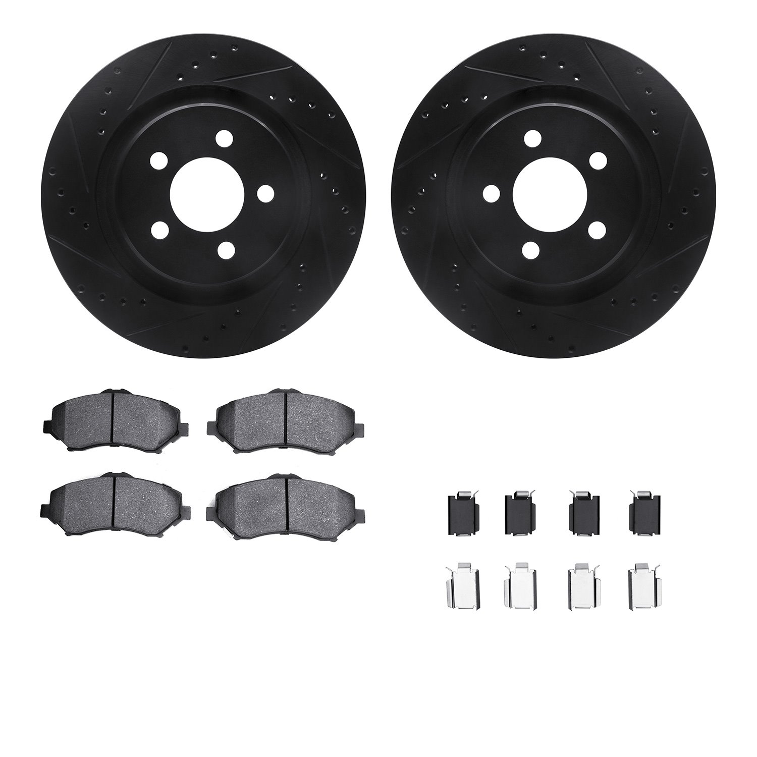 8412-42028 Drilled/Slotted Brake Rotors with Ultimate-Duty Brake Pads Kit & Hardware [Black], 2011-2012 Mopar, Position: Front