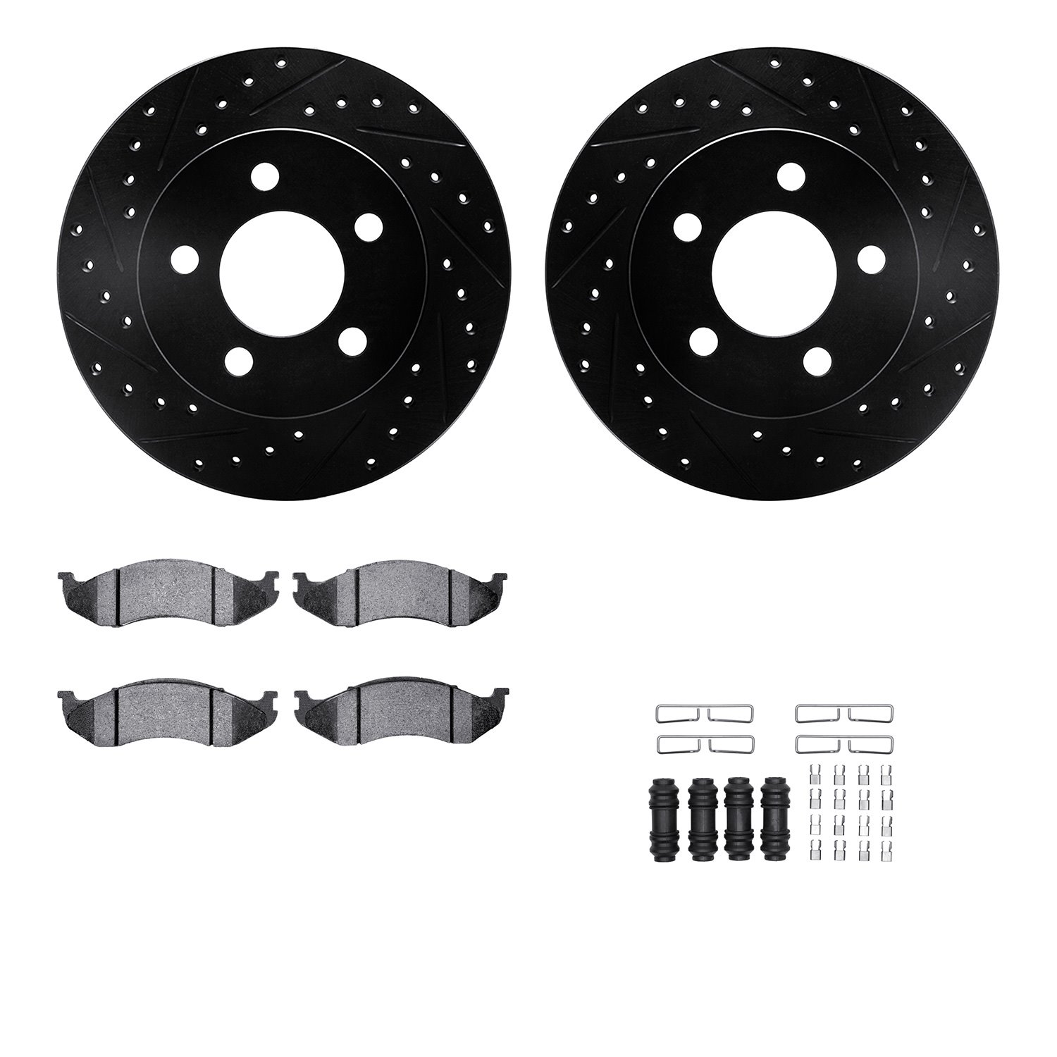 8412-42029 Drilled/Slotted Brake Rotors with Ultimate-Duty Brake Pads Kit & Hardware [Black], 1990-1999 Mopar, Position: Front