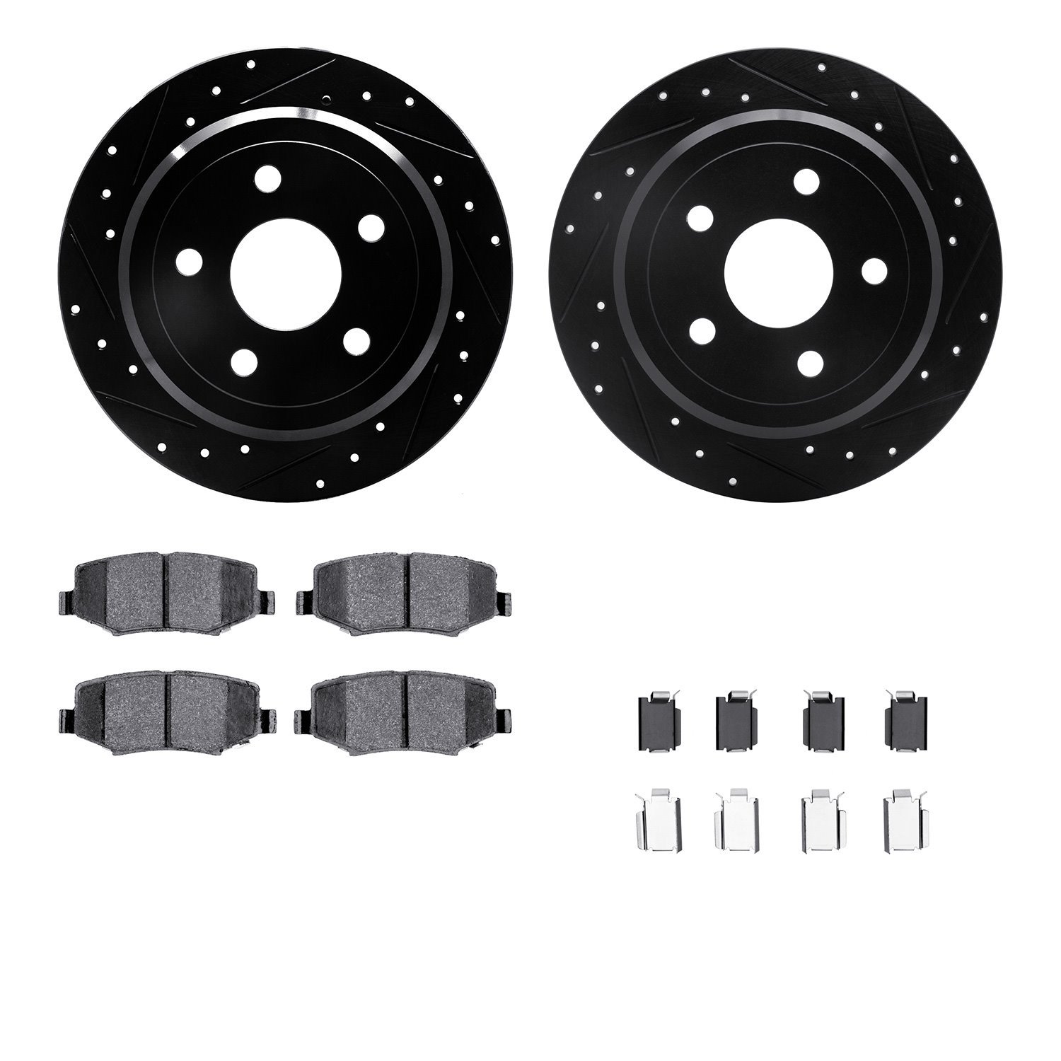 8412-42037 Drilled/Slotted Brake Rotors with Ultimate-Duty Brake Pads Kit & Hardware [Black], 2007-2018 Mopar, Position: Rear