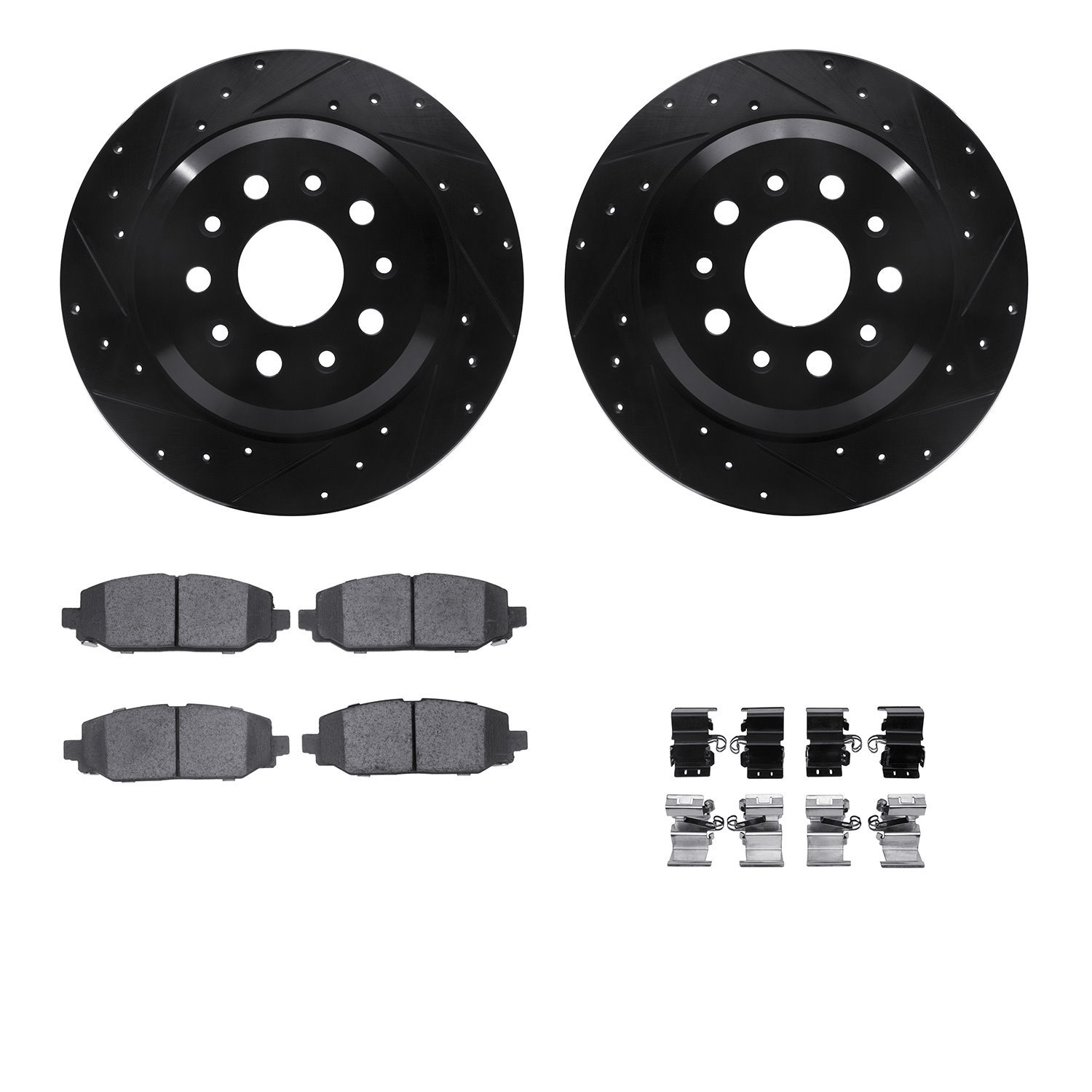 8412-42047 Drilled/Slotted Brake Rotors with Ultimate-Duty Brake Pads Kit & Hardware [Black], Fits Select Mopar, Position: Rear