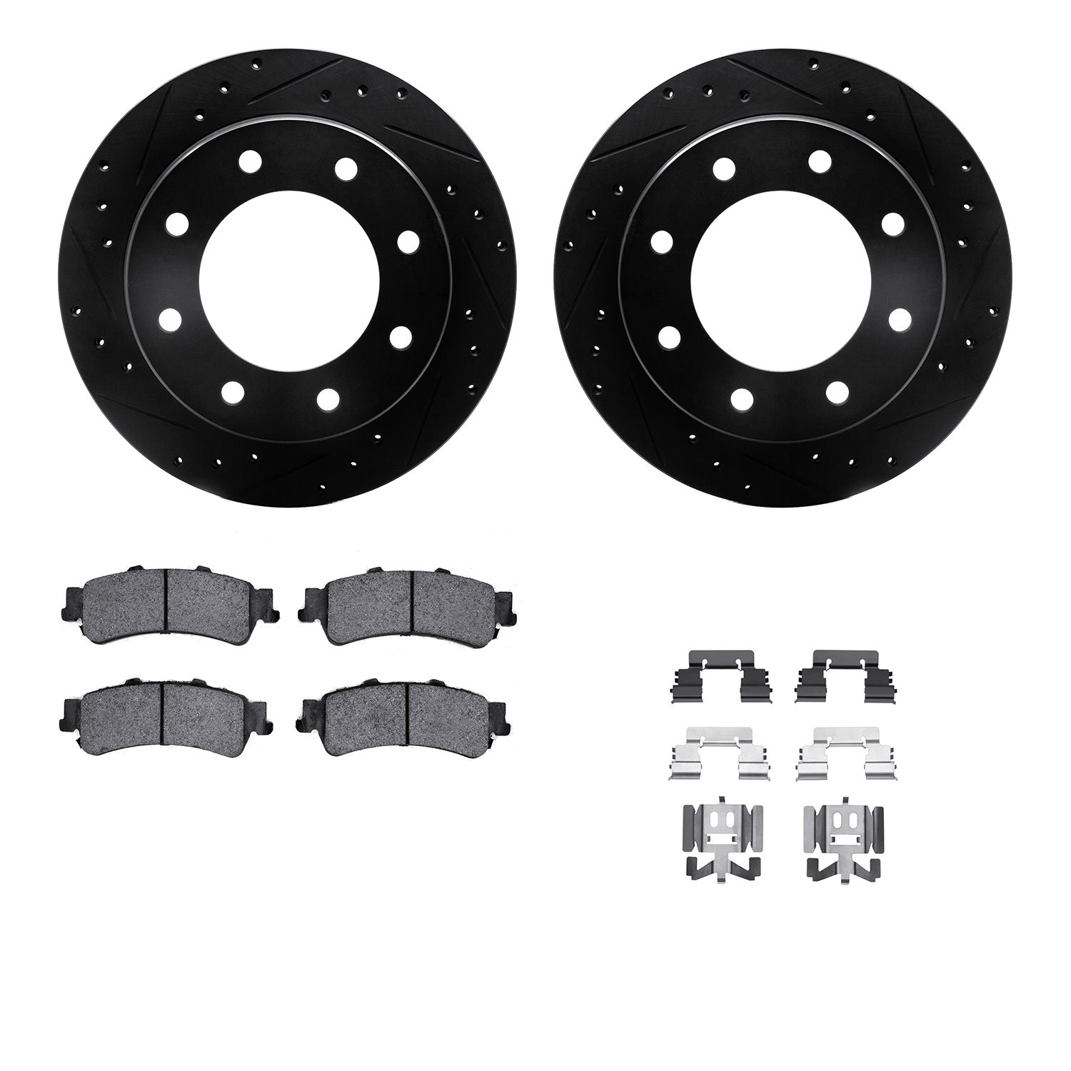 8412-46006 Drilled/Slotted Brake Rotors with Ultimate-Duty Brake Pads Kit & Hardware [Black], 2000-2011 GM, Position: Rear