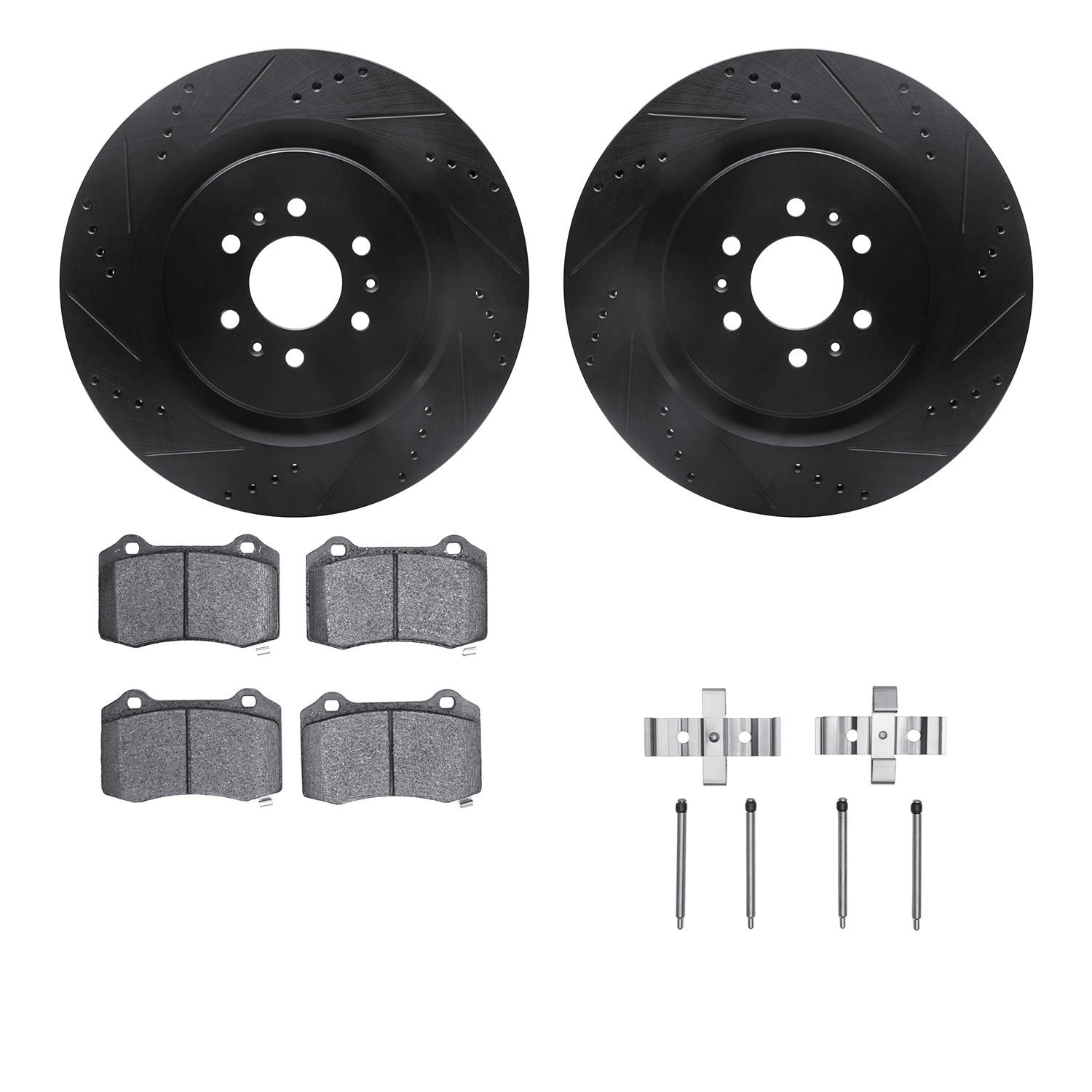 8412-46007 Drilled/Slotted Brake Rotors with Ultimate-Duty Brake Pads Kit & Hardware [Black], 2004-2011 GM, Position: Rear