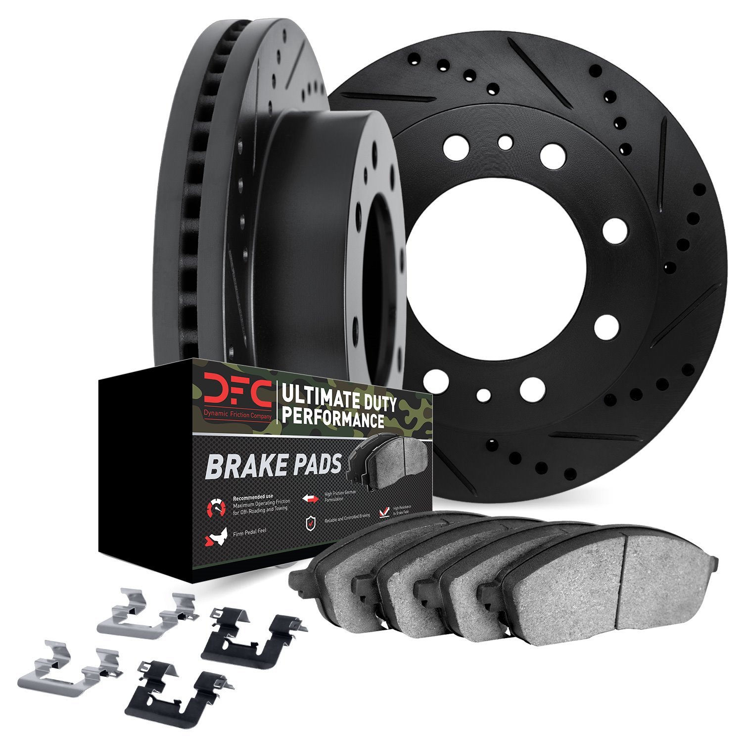 8412-48008 Drilled/Slotted Brake Rotors with Ultimate-Duty Brake Pads Kit & Hardware [Black], 1988-1996 GM, Position: Front