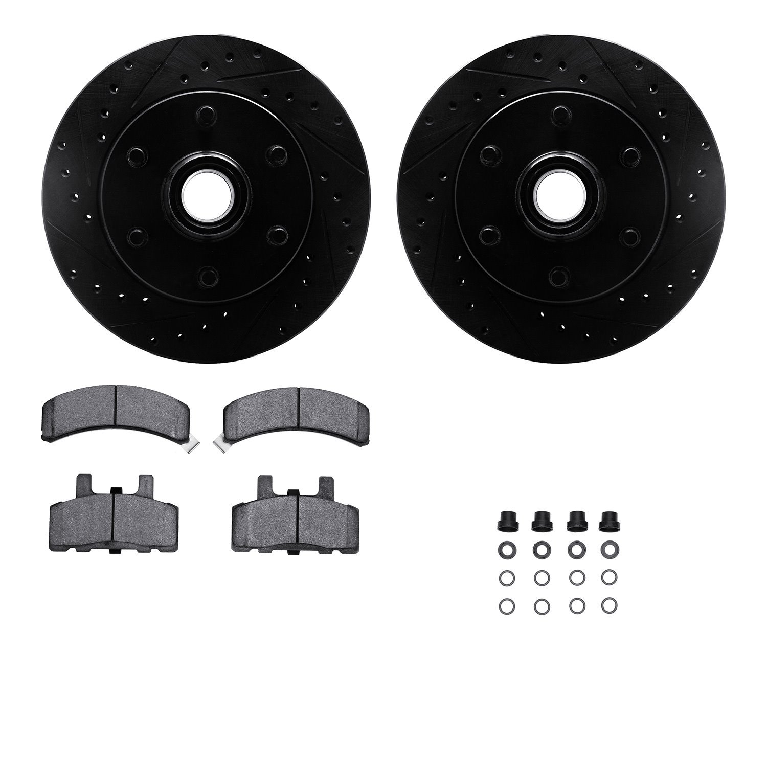 8412-48018 Drilled/Slotted Brake Rotors with Ultimate-Duty Brake Pads Kit & Hardware [Black], 1994-2002 GM, Position: Front