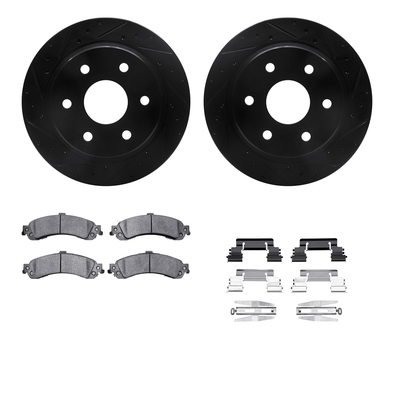 8412-48028 Drilled/Slotted Brake Rotors with Ultimate-Duty Brake Pads Kit & Hardware [Black], 2000-2006 GM, Position: Rear