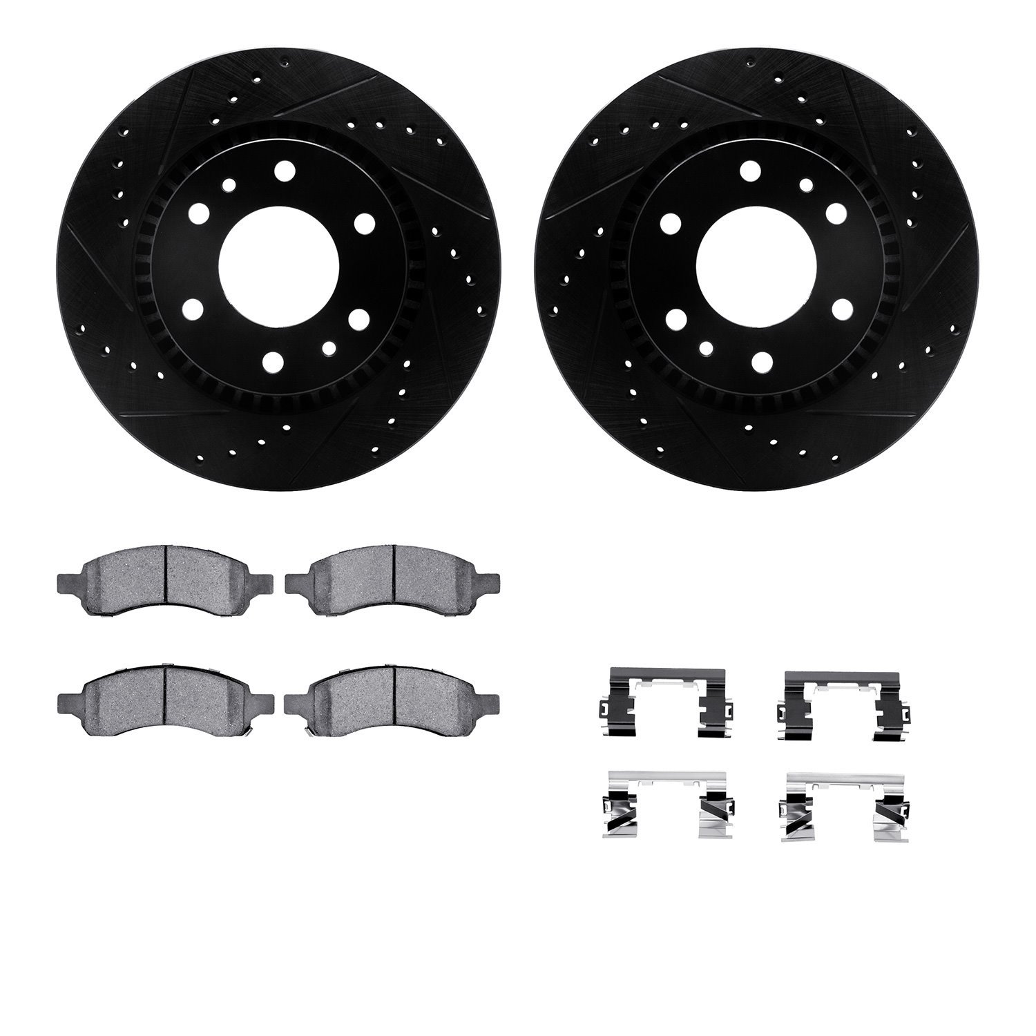 8412-48038 Drilled/Slotted Brake Rotors with Ultimate-Duty Brake Pads Kit & Hardware [Black], 2006-2009 GM, Position: Front