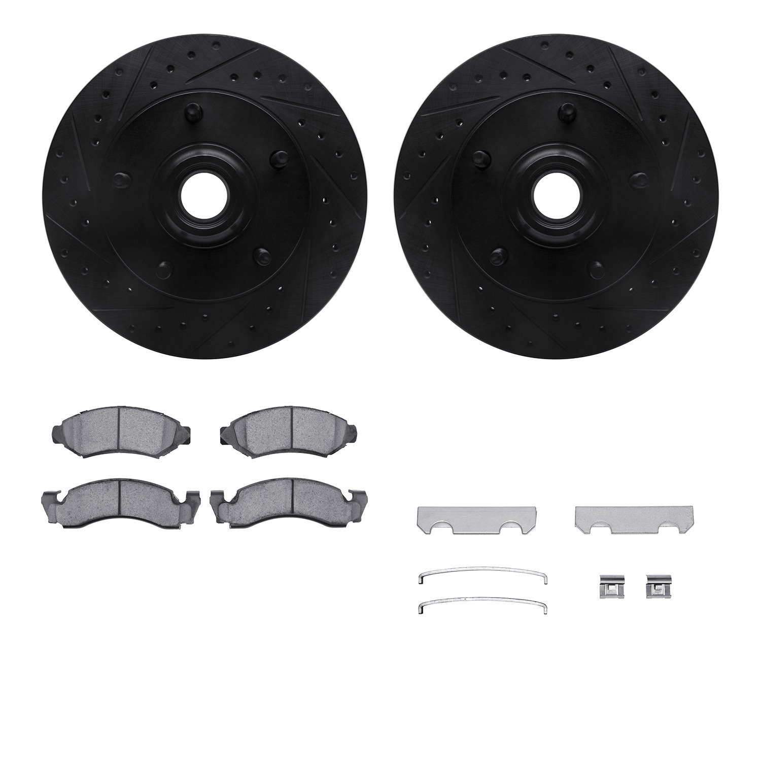 8412-54005 Drilled/Slotted Brake Rotors with Ultimate-Duty Brake Pads Kit & Hardware [Black], 1973-1985 Ford/Lincoln/Mercury/Maz