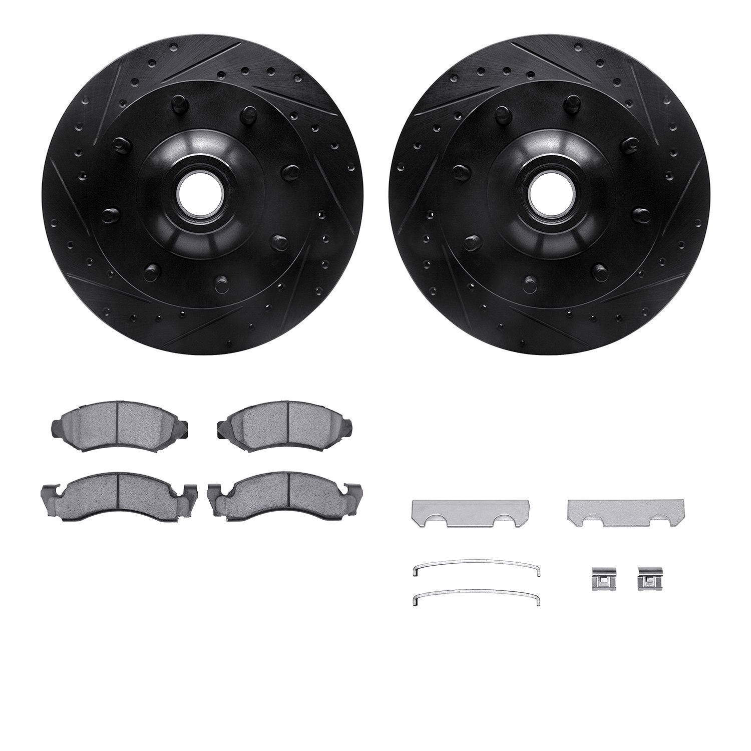 8412-54015 Drilled/Slotted Brake Rotors with Ultimate-Duty Brake Pads Kit & Hardware [Black], 1980-1985 Ford/Lincoln/Mercury/Maz