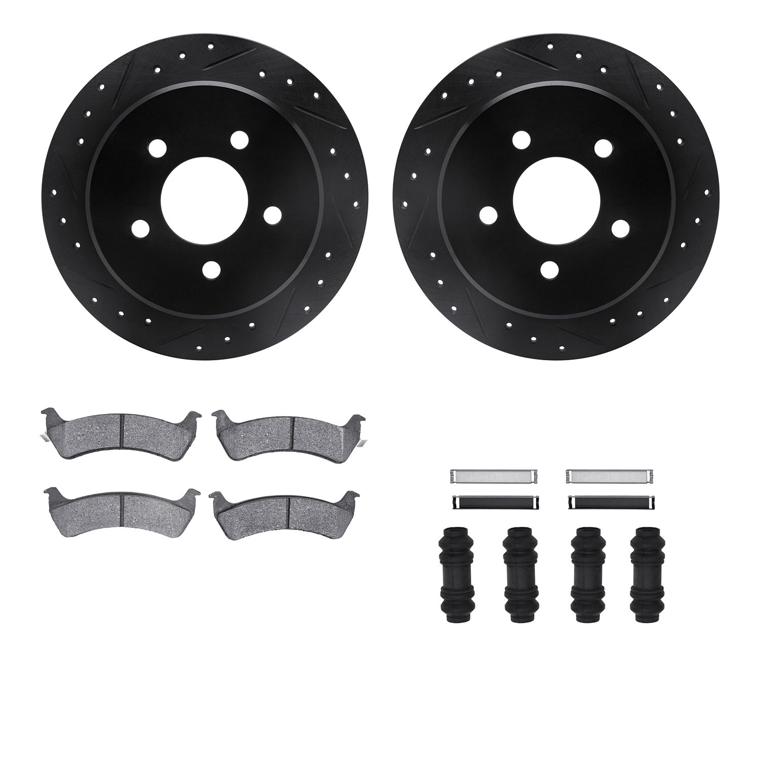 8412-54031 Drilled/Slotted Brake Rotors with Ultimate-Duty Brake Pads Kit & Hardware [Black], 2001-2002 Ford/Lincoln/Mercury/Maz