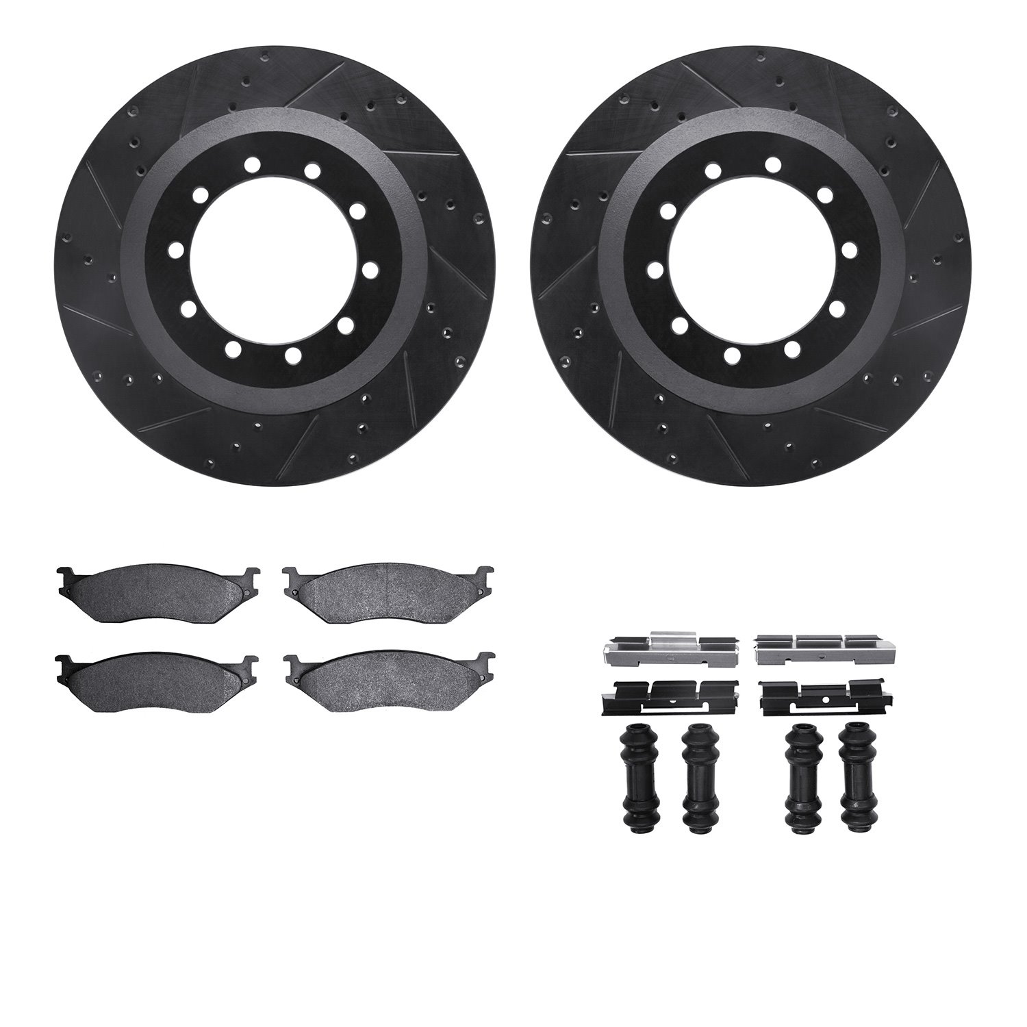8412-54045 Drilled/Slotted Brake Rotors with Ultimate-Duty Brake Pads Kit & Hardware [Black], 1999-2004 Ford/Lincoln/Mercury/Maz