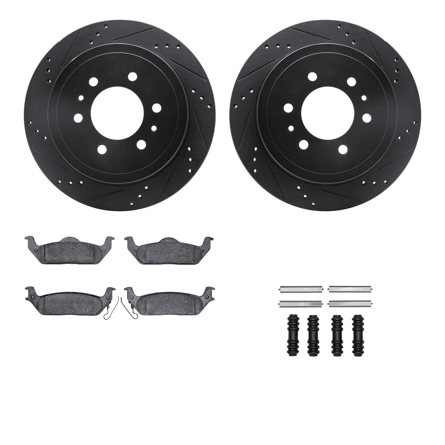8412-54075 Drilled/Slotted Brake Rotors with Ultimate-Duty Brake Pads Kit & Hardware [Black], 2004-2011 Ford/Lincoln/Mercury/Maz
