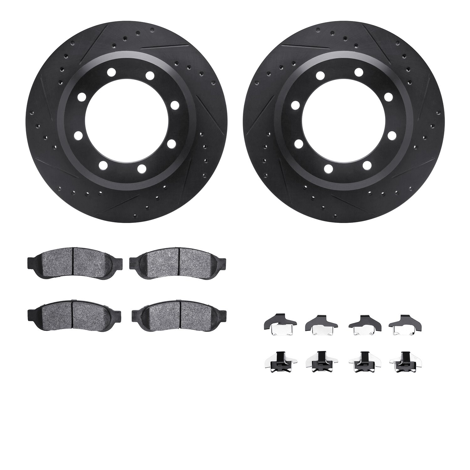 8412-54086 Drilled/Slotted Brake Rotors with Ultimate-Duty Brake Pads Kit & Hardware [Black], 2005-2010 Ford/Lincoln/Mercury/Maz