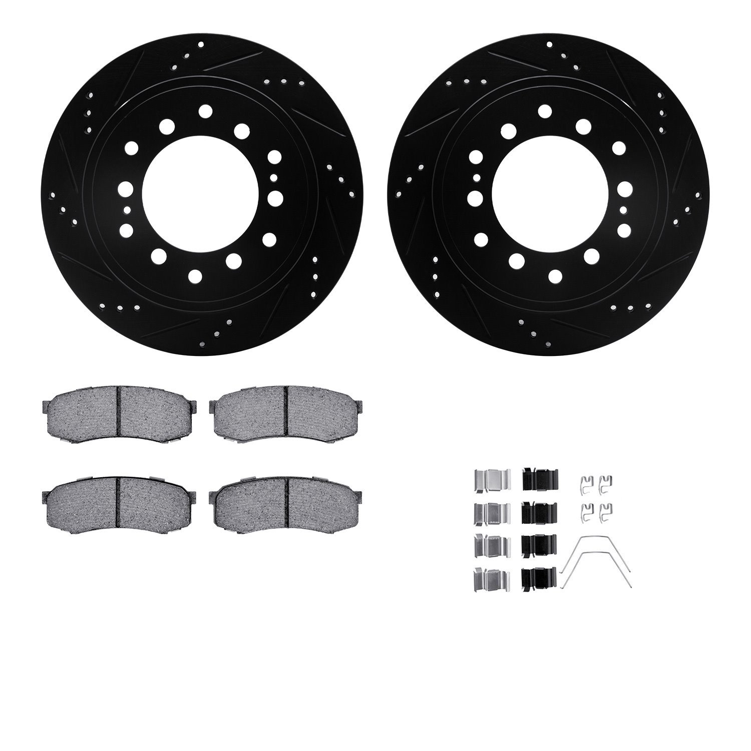 8412-76023 Drilled/Slotted Brake Rotors with Ultimate-Duty Brake Pads Kit & Hardware [Black], Fits Select Lexus/Toyota/Scion, Po