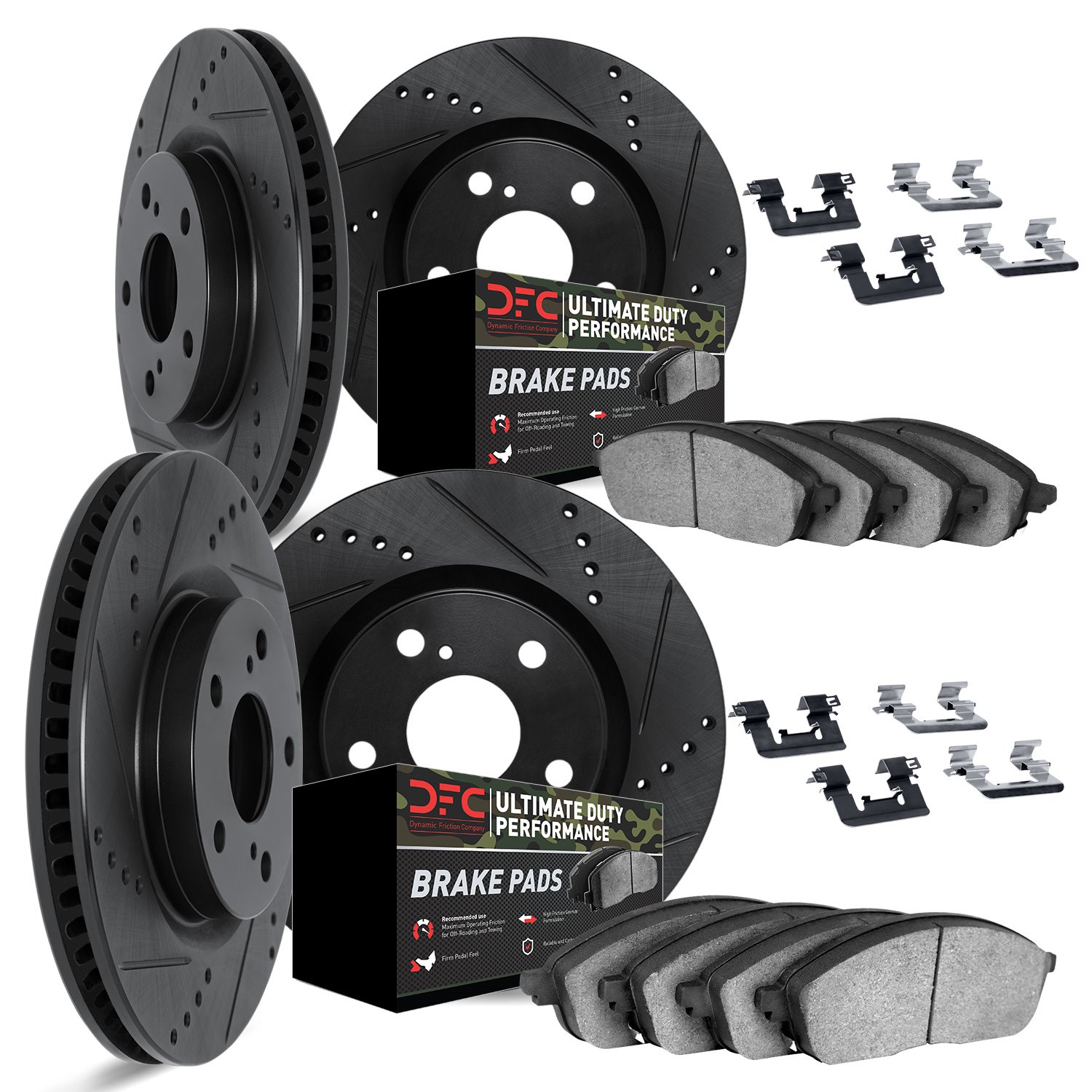 8414-26001 Drilled/Slotted Brake Rotors with Ultimate-Duty Brake Pads Kit & Hardware [Black], 2012-2013 Tesla, Position: Front a