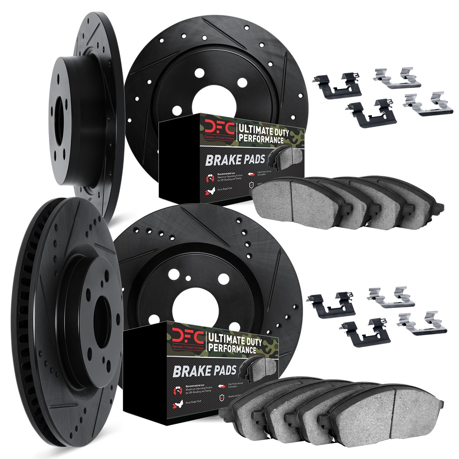 8414-42003 Drilled/Slotted Brake Rotors with Ultimate-Duty Brake Pads Kit & Hardware [Black], Fits Select Mopar, Position: Front