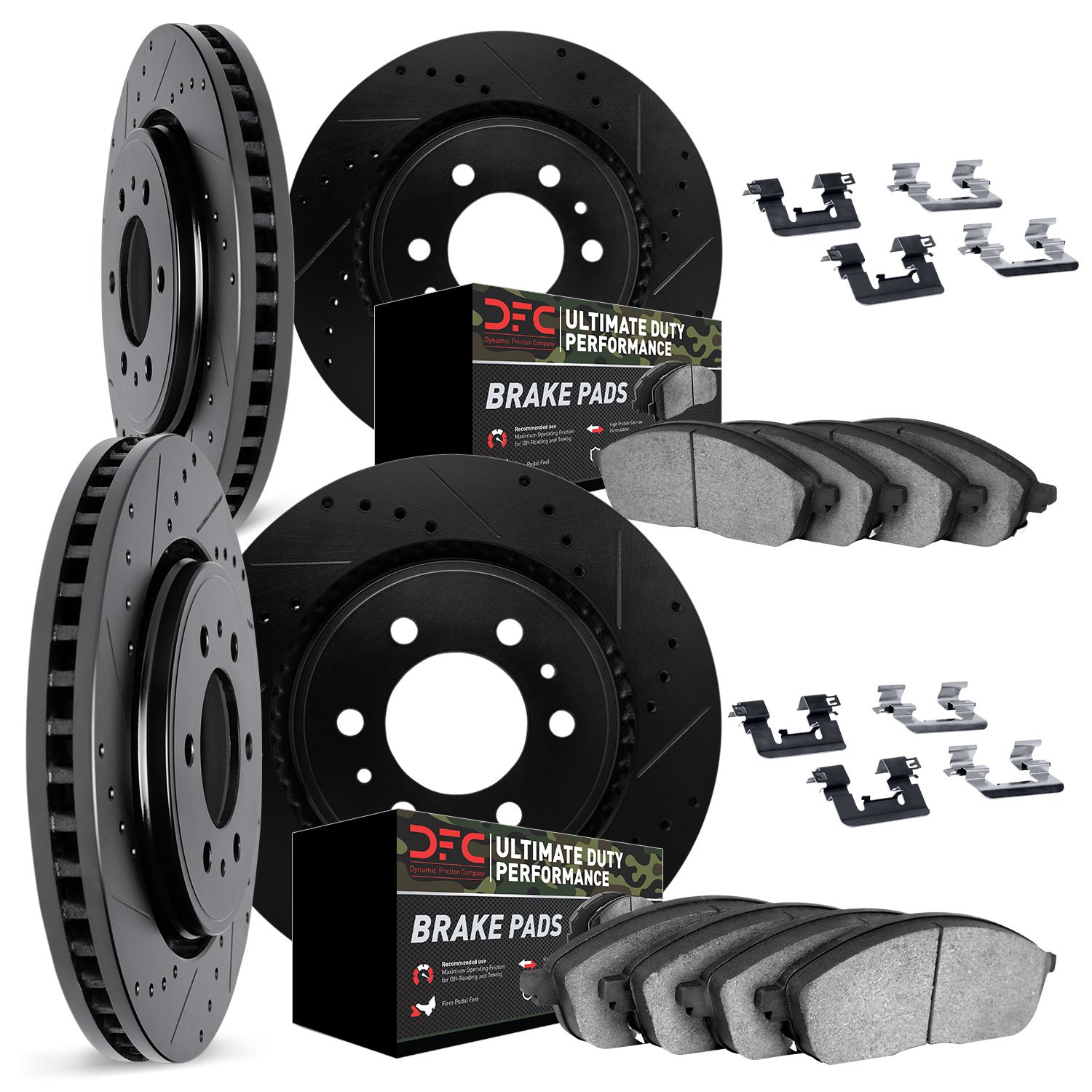 8414-48003 Drilled/Slotted Brake Rotors with Ultimate-Duty Brake Pads Kit & Hardware [Black], 2003-2007 GM, Position: Front and