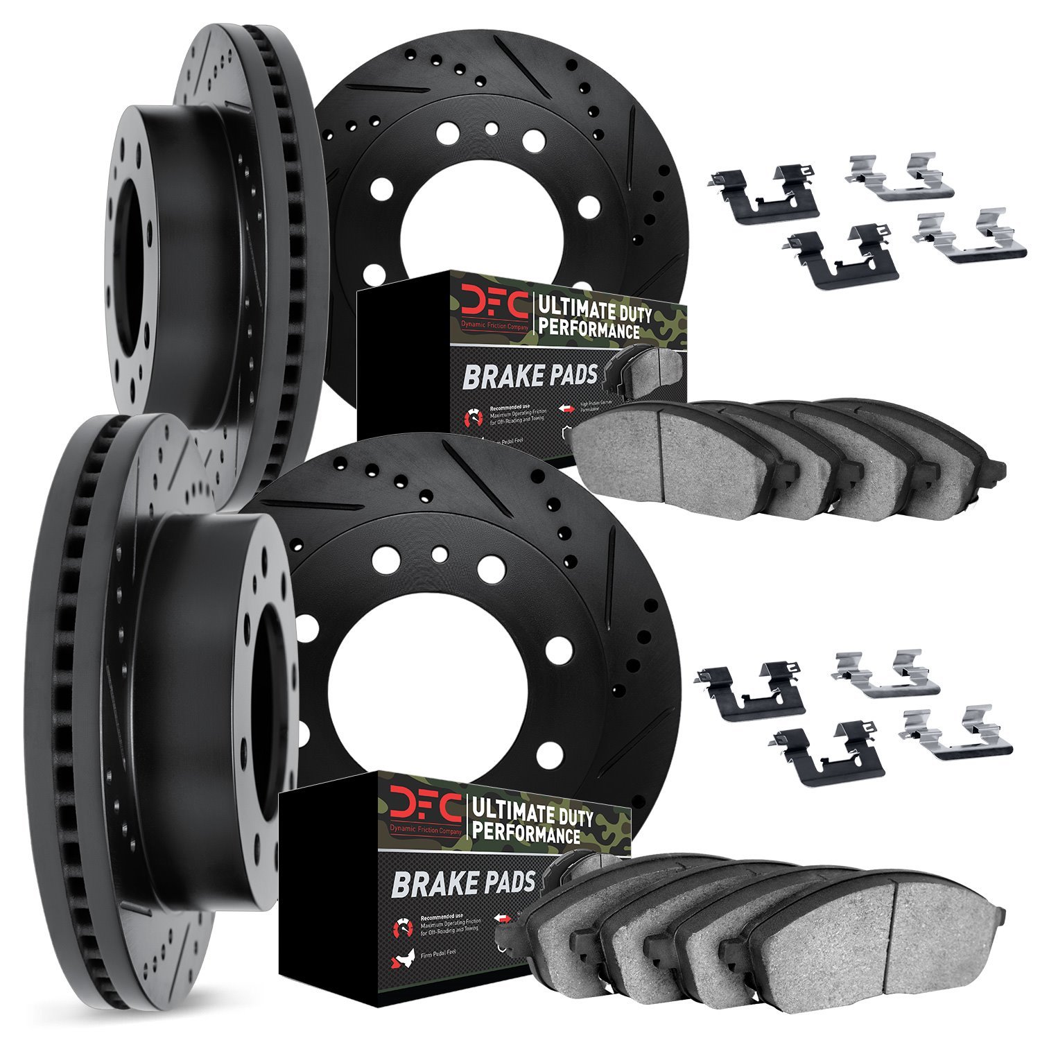 8414-48007 Drilled/Slotted Brake Rotors with Ultimate-Duty Brake Pads Kit & Hardware [Black], 1999-2009 GM, Position: Front and
