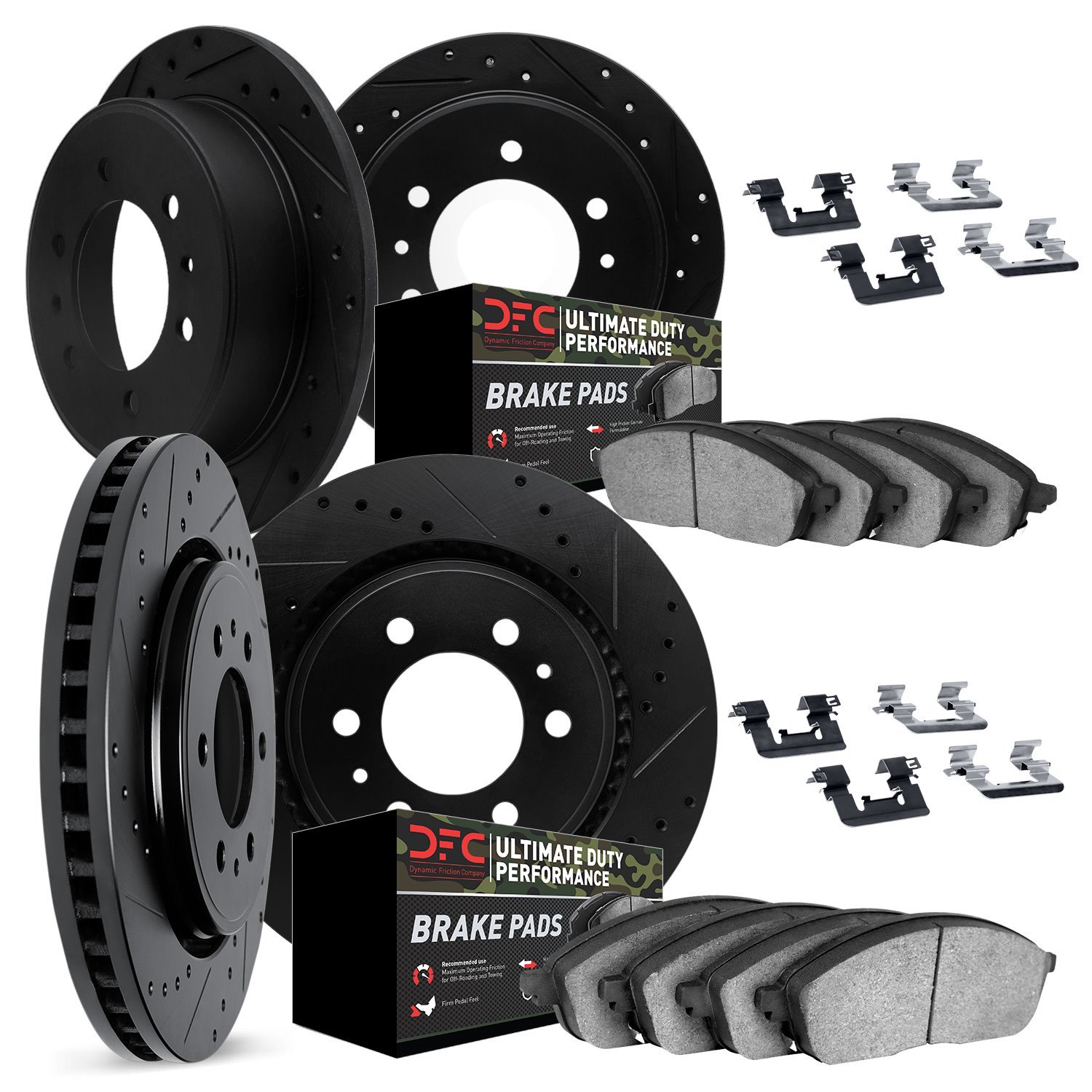 8414-67001 Drilled/Slotted Brake Rotors with Ultimate-Duty Brake Pads Kit & Hardware [Black], 2004-2005 Infiniti/Nissan, Positio
