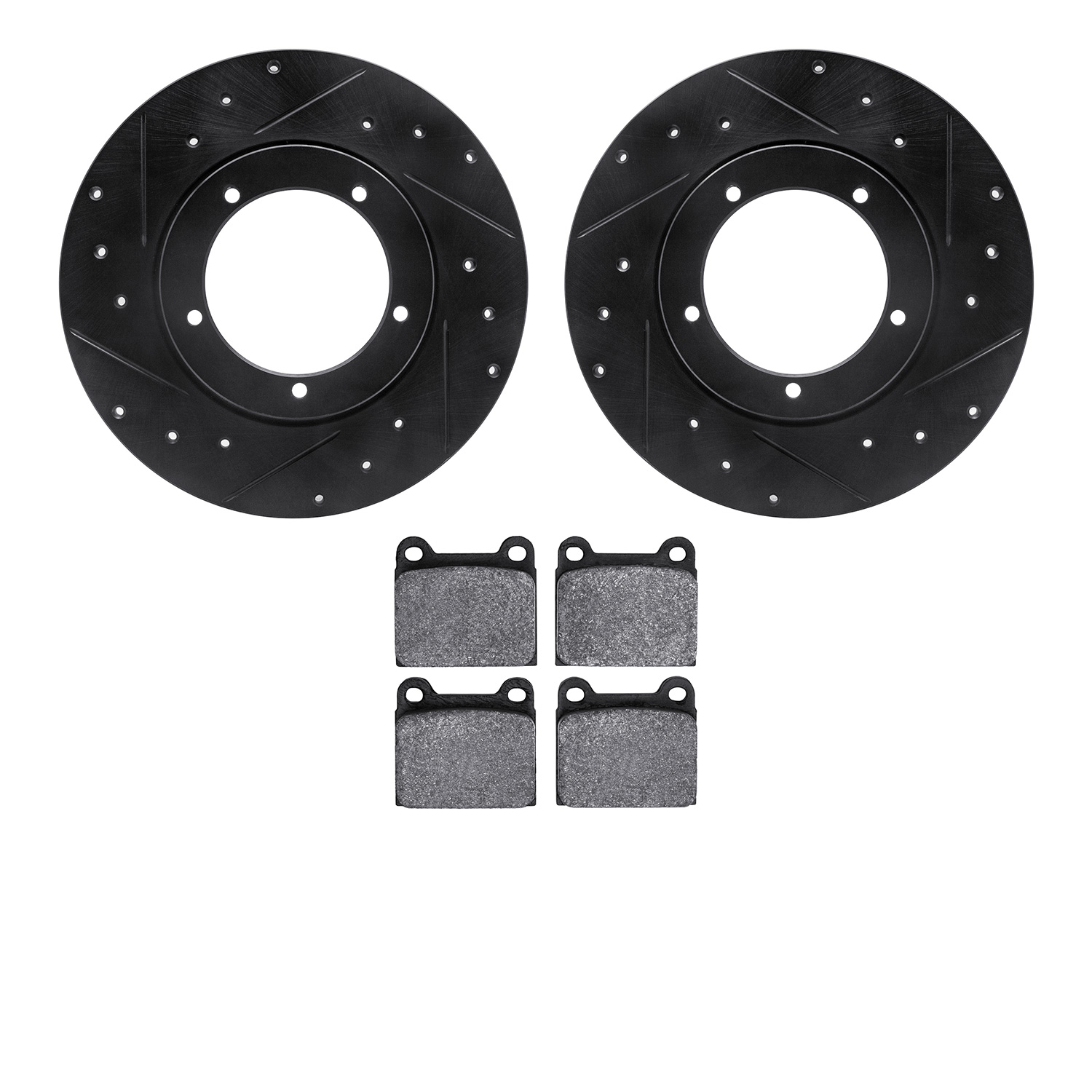 8502-02000 Drilled/Slotted Brake Rotors w/5000 Advanced Brake Pads Kit [Black], 1965-1976 Porsche, Position: Front