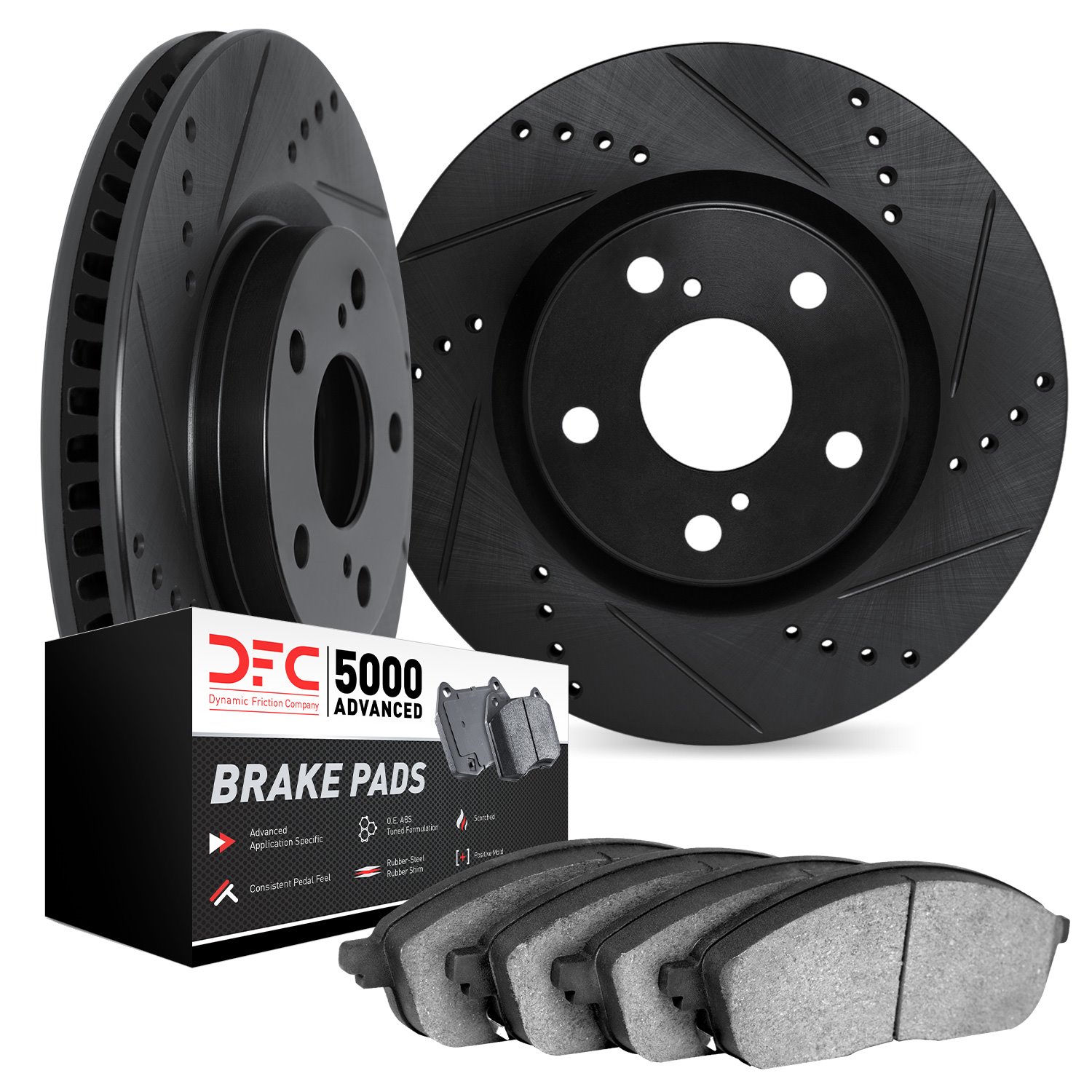 8502-02083 Drilled/Slotted Brake Rotors w/5000 Advanced Brake Pads Kit [Black], 1984-1989 Porsche, Position: Front